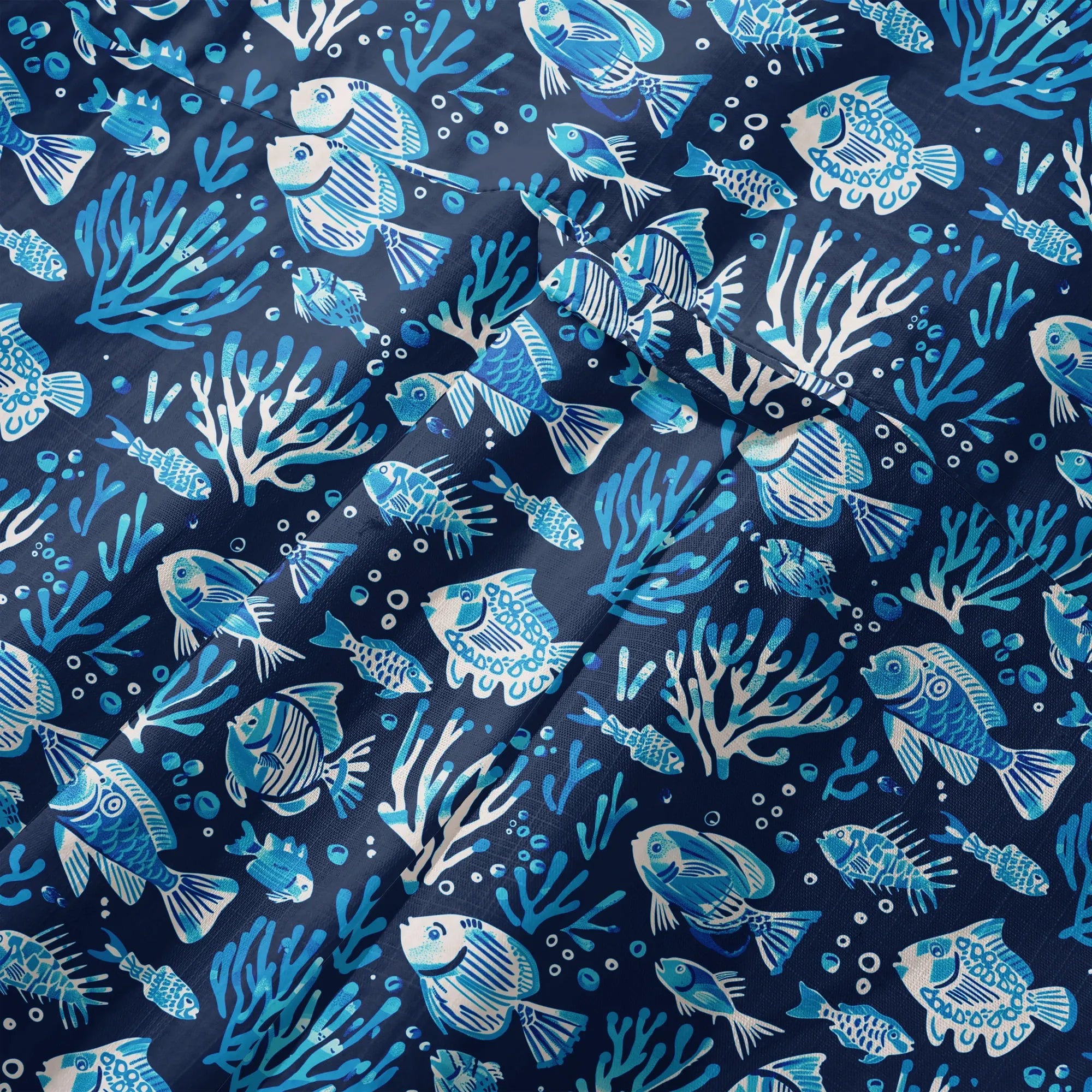 LeosWare® Men's Hawaiian Shirt Short Sleeve Button-up 100% Cotton Blue Coral Aloha Deep Blue Fish Whisper By Ann