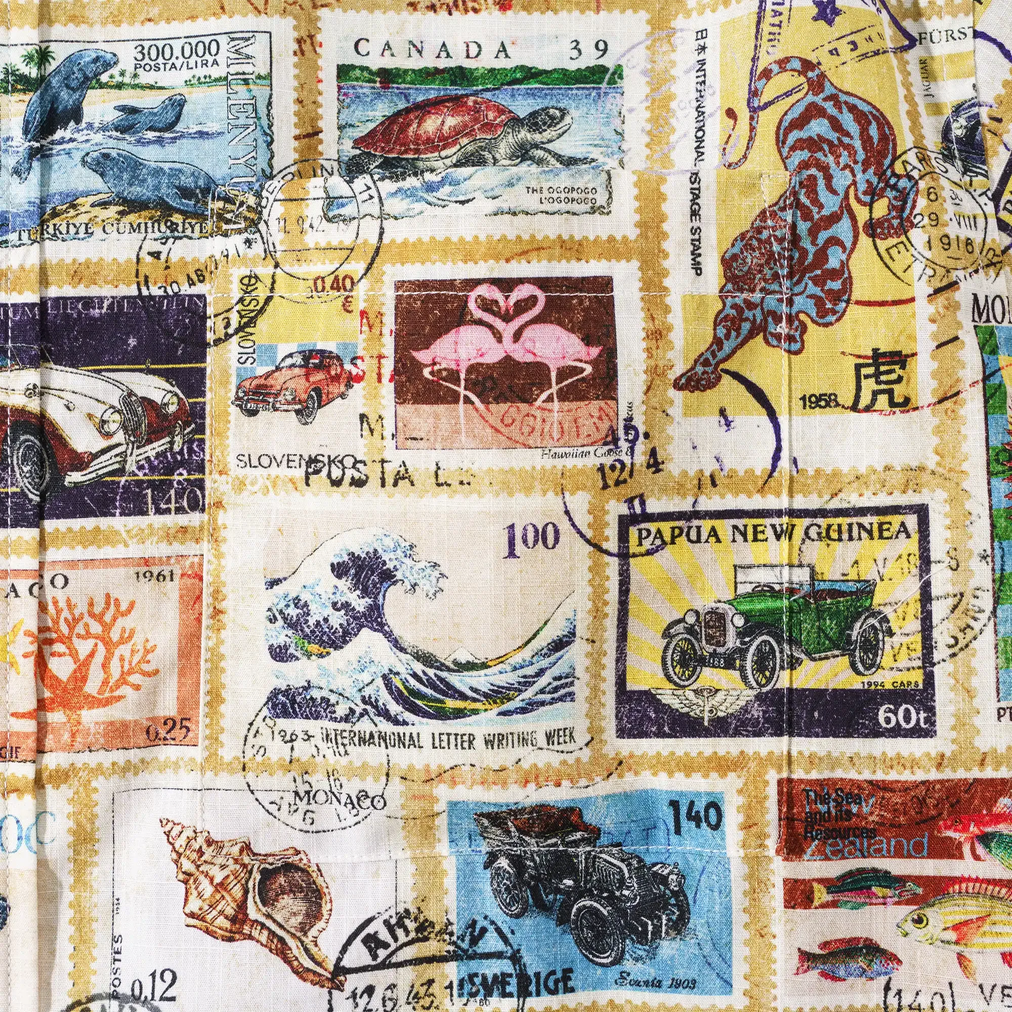 Men's Hawaiian Shirt Short Sleeve Button-down 100% Cotton White Aloha Nautical Vintage Car Postage Stamp Collage By Huan huan
