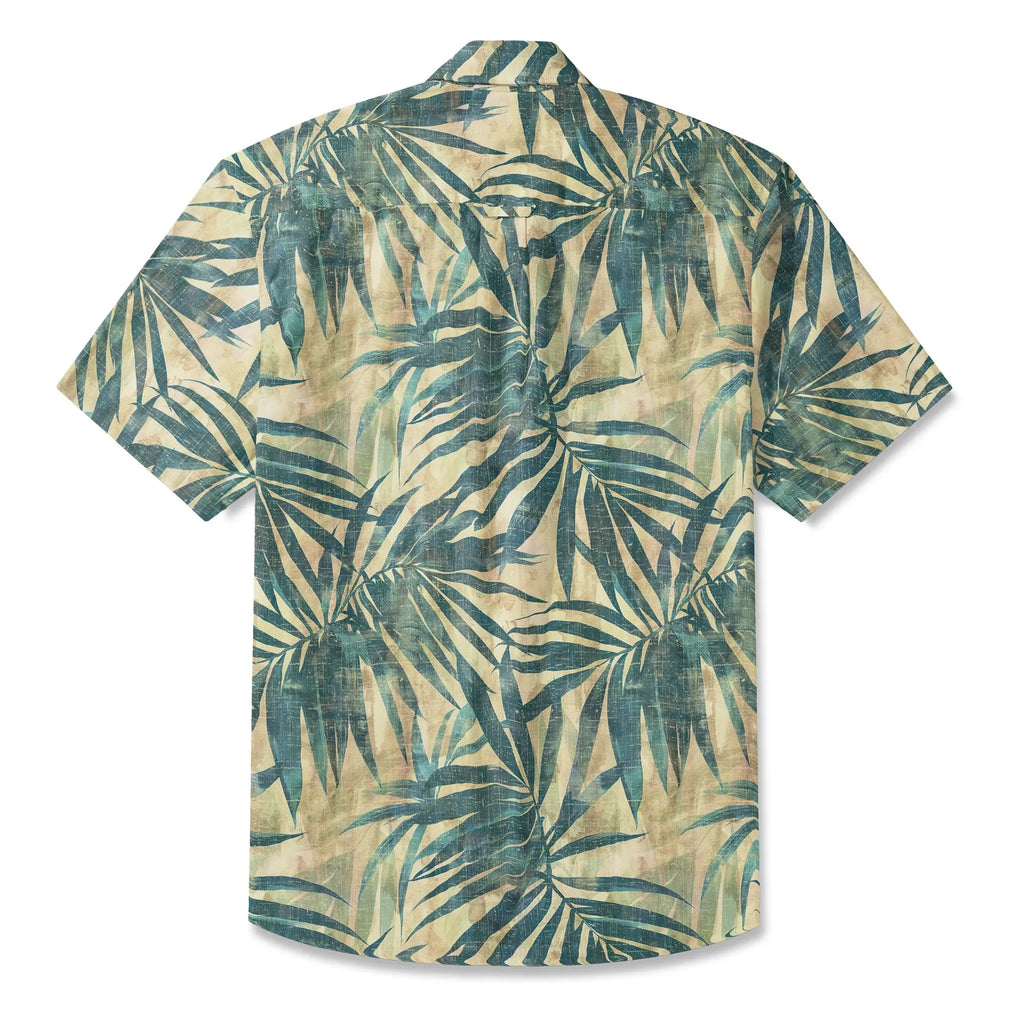 LeosWare® Men's Hawaiian Shirt Short Sleeve Button-up 100% Cotton Green Aloha Vintage Palm By Ann