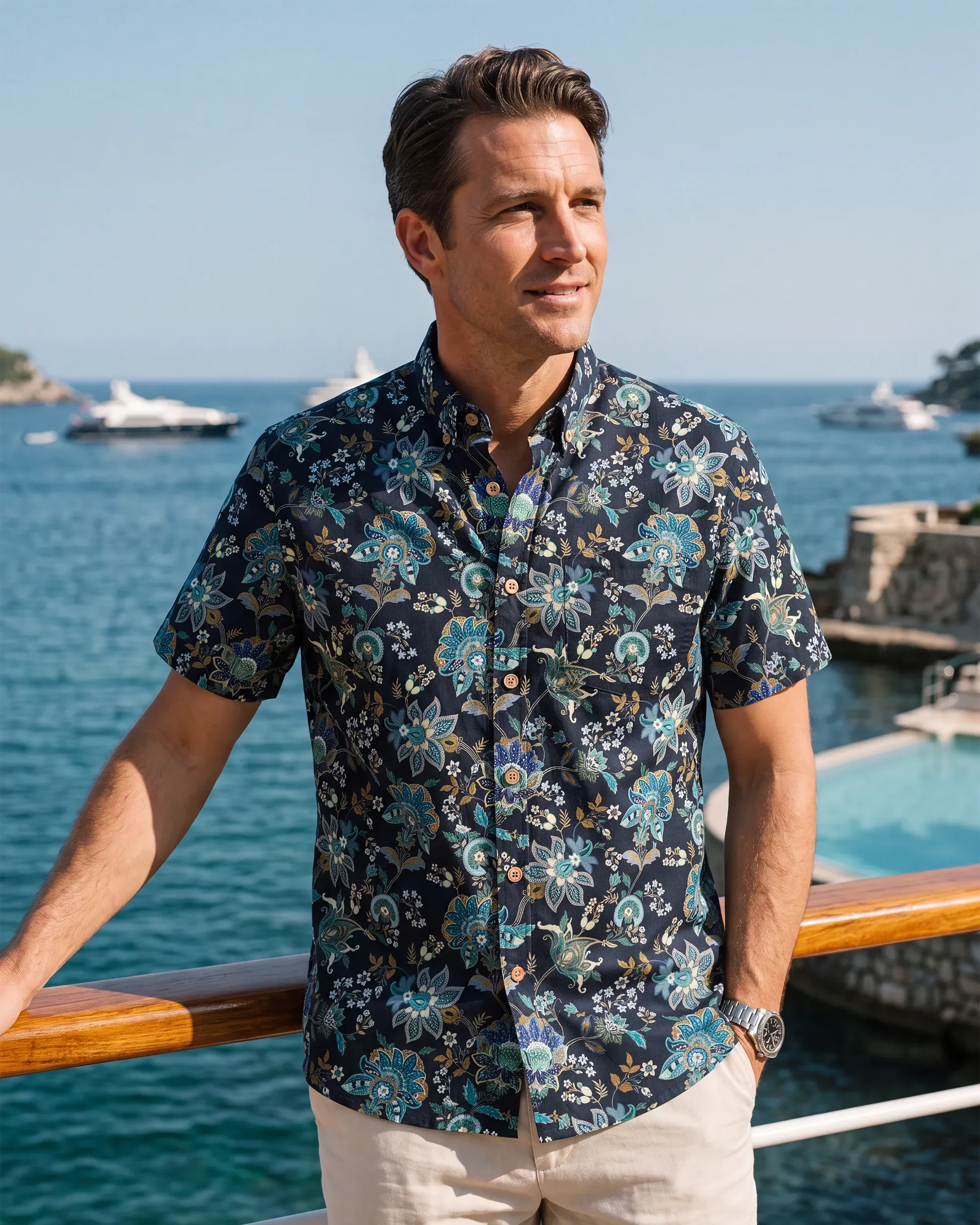 Black Hawaiian Shirt For Men Fantasy Flowers Print Short Sleeve Cotton Button Down Black Fantasy Flowers By Sylvia