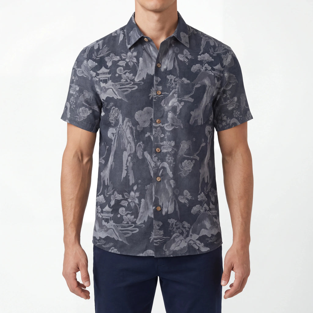 LeosWare® Men's Hawaiian Shirt Short Sleeve Button-up 100% Cotton Gray Aloha Eastern Mountain Ranges And Dragons By Patch