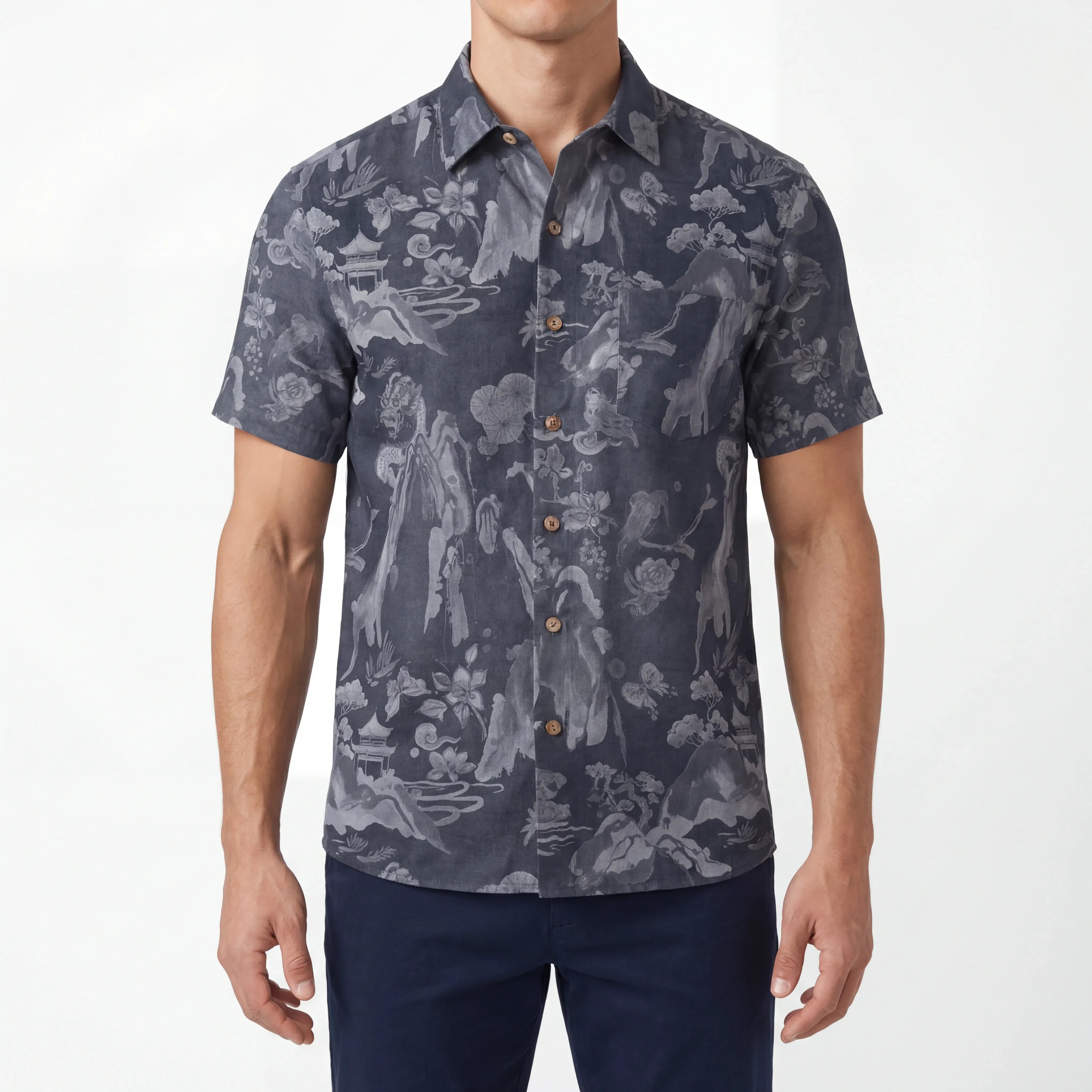 LeosWare® Men's Hawaiian Shirt Short Sleeve Button-up 100% Cotton Gray Aloha Eastern Mountain Ranges And Dragons By Patch