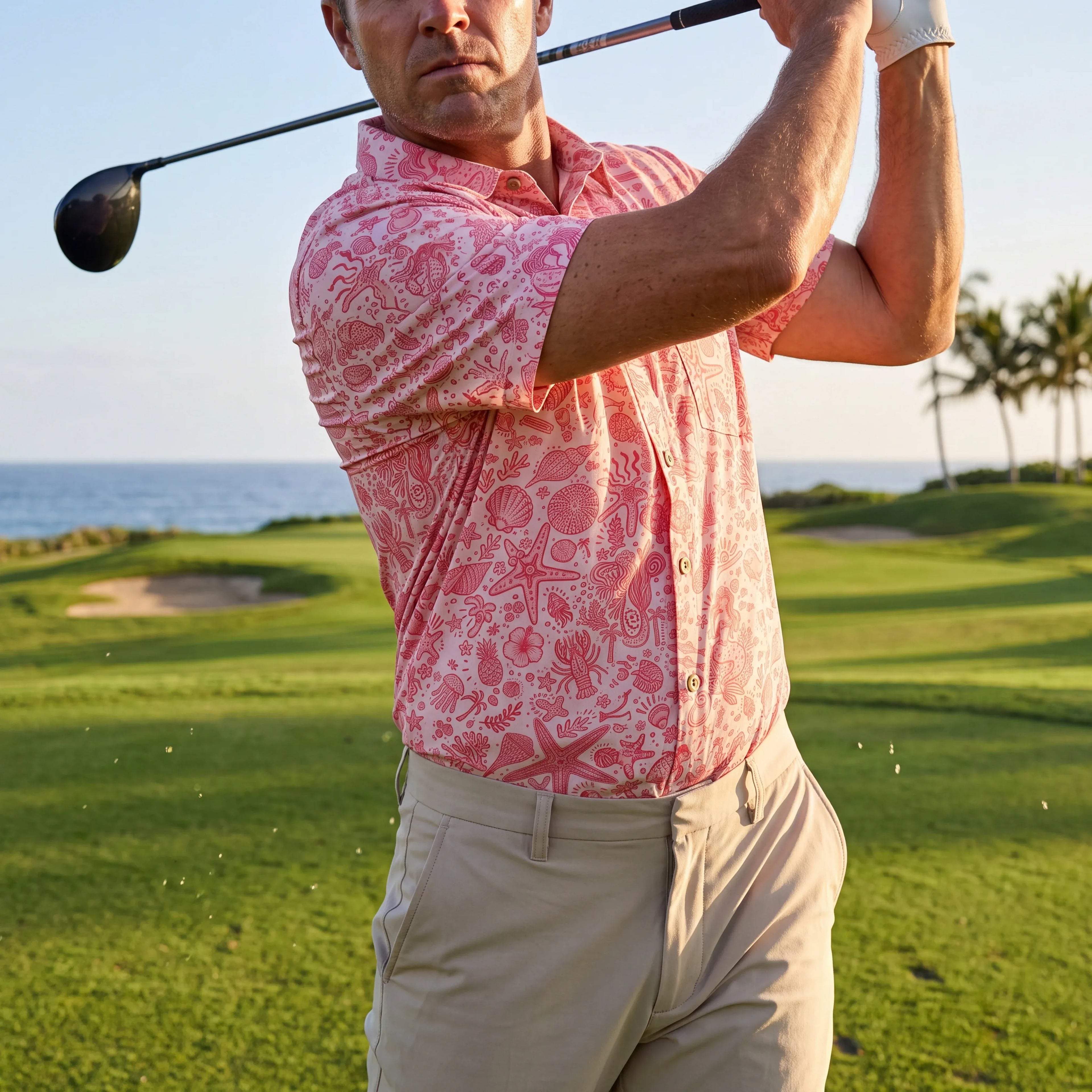 Chemise hawaïenne pour homme LeosWare® à manches courtes, boutonnée, 100 % coton, Aloha, rose doux, motifs océaniques par Huan huan