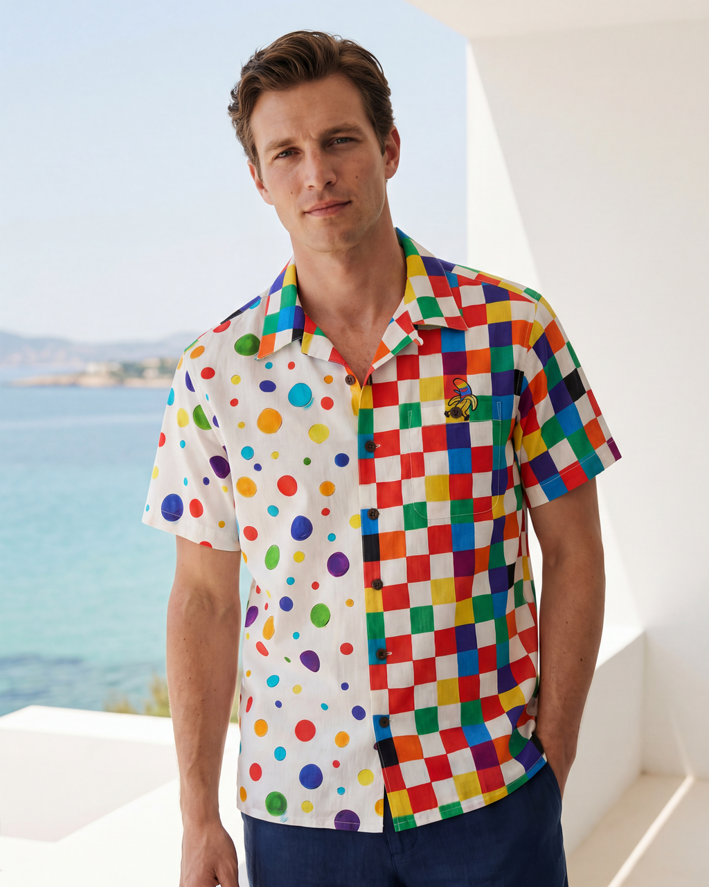 Men's Hawaiian Shirt Short Sleeve Camp Collar 100% Cotton Red Aloha Colorful Checkerboard Polka Dot Design For Fun By Cigar