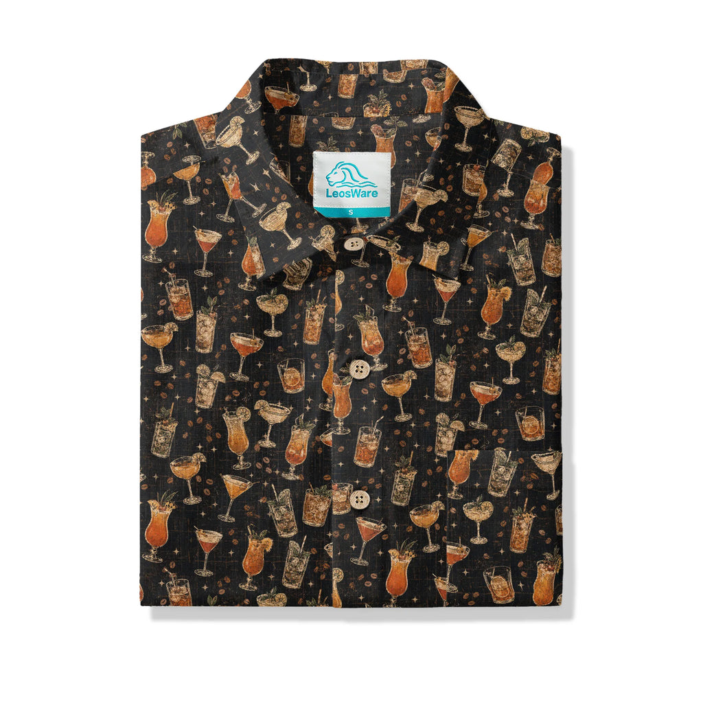 LeosWare® Men's Hawaiian Shirt Short Sleeve Button-up 100% Cotton Black Aloha `old Times Drinks Menu` By Ann