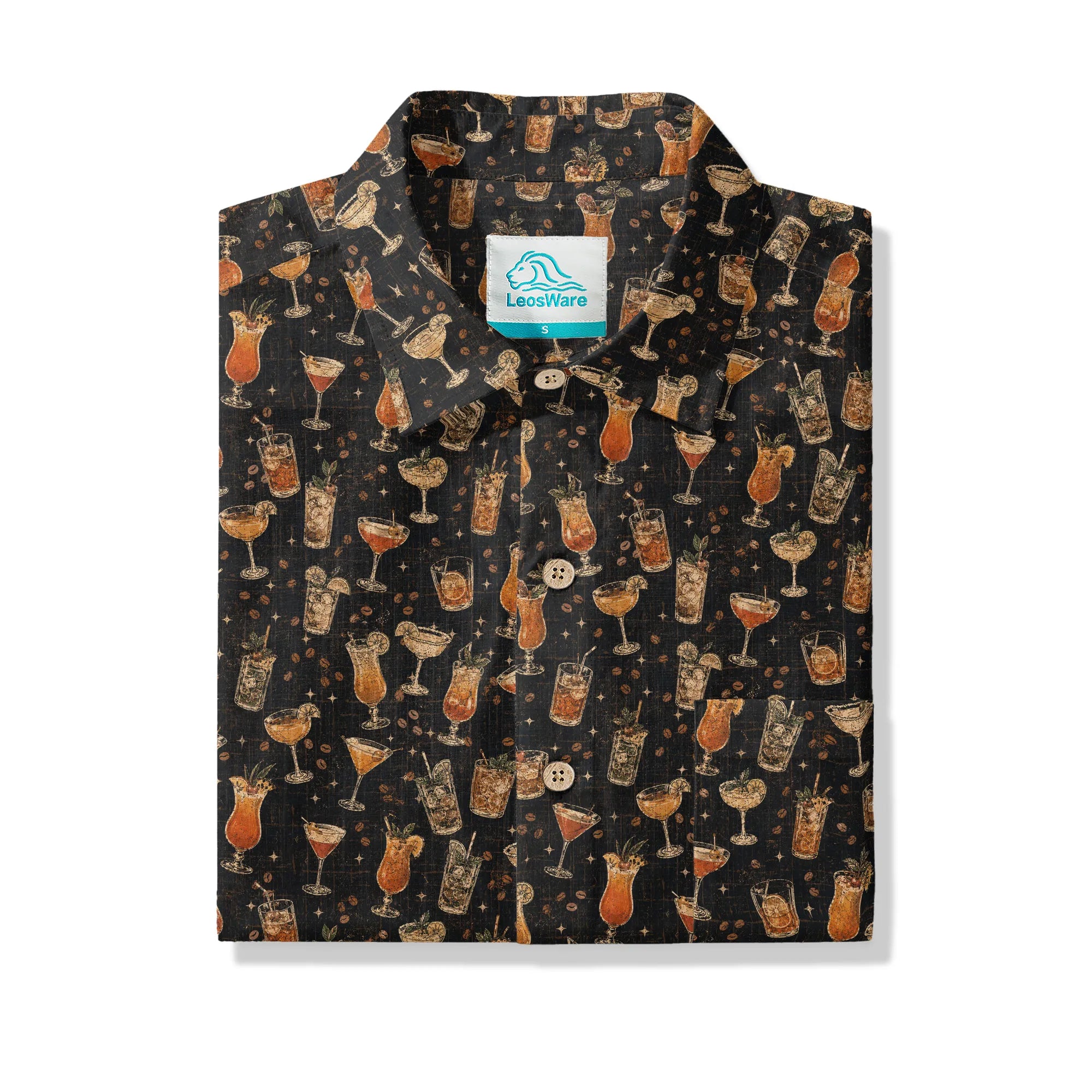 LeosWare® Men's Hawaiian Shirt Short Sleeve Button-up 100% Cotton Black Aloha `old Times Drinks Menu` By Ann