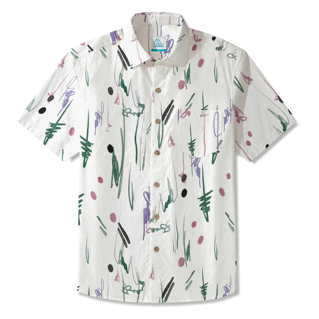 LeosWare® Men's Hawaiian Shirt Short Sleeve Button-up 100% Cotton Green Aloha Whimsical Traces By Patch