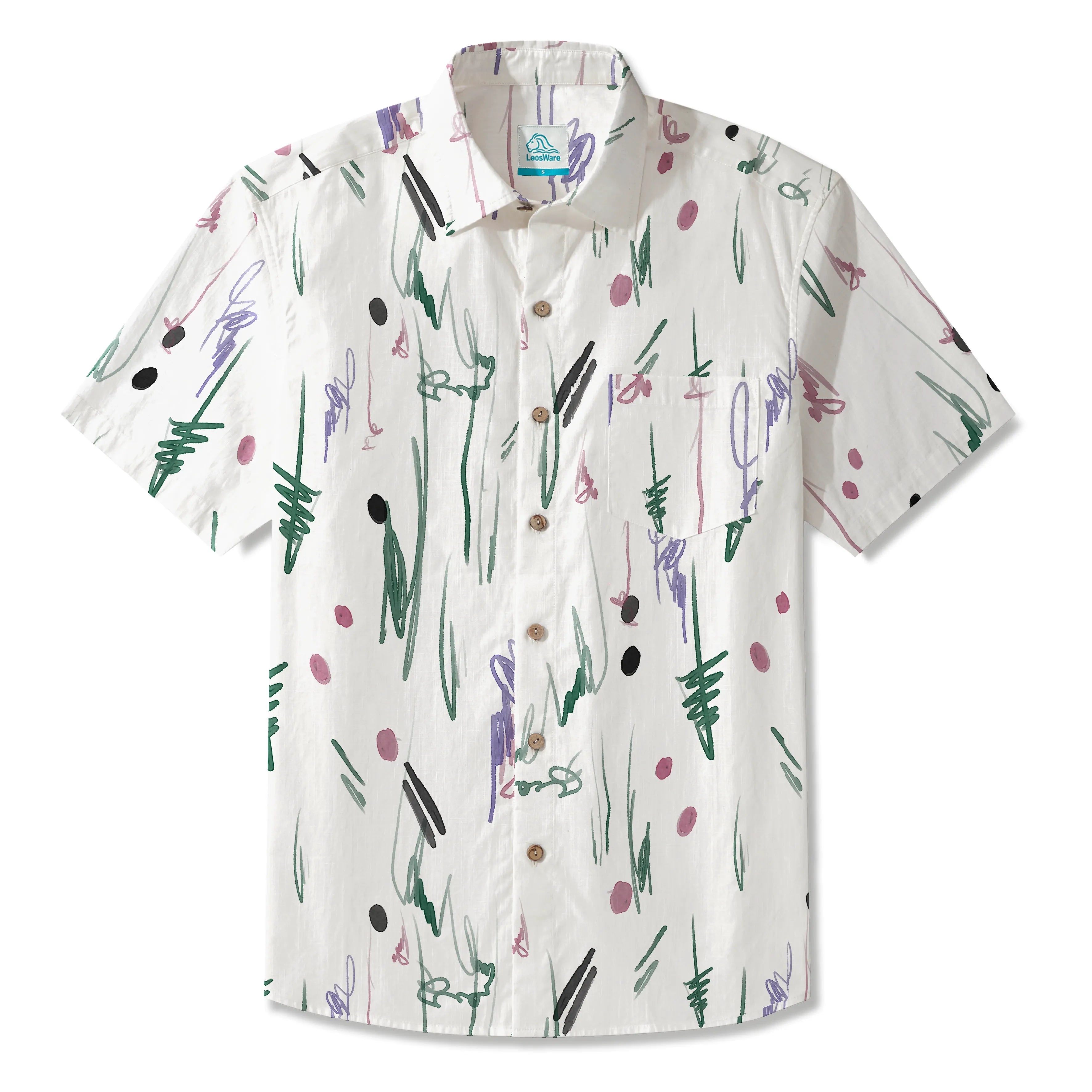 LeosWare® Men's Hawaiian Shirt Short Sleeve Button-up 100% Cotton Green Aloha Whimsical Traces By Patch