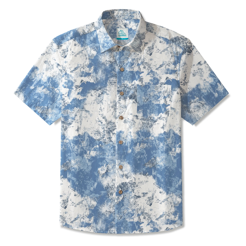 LeosWare® Men's Hawaiian Shirt Short Sleeve Button-up 100% Cotton Blue Aloha Blue And White Abstract Dream By Patch
