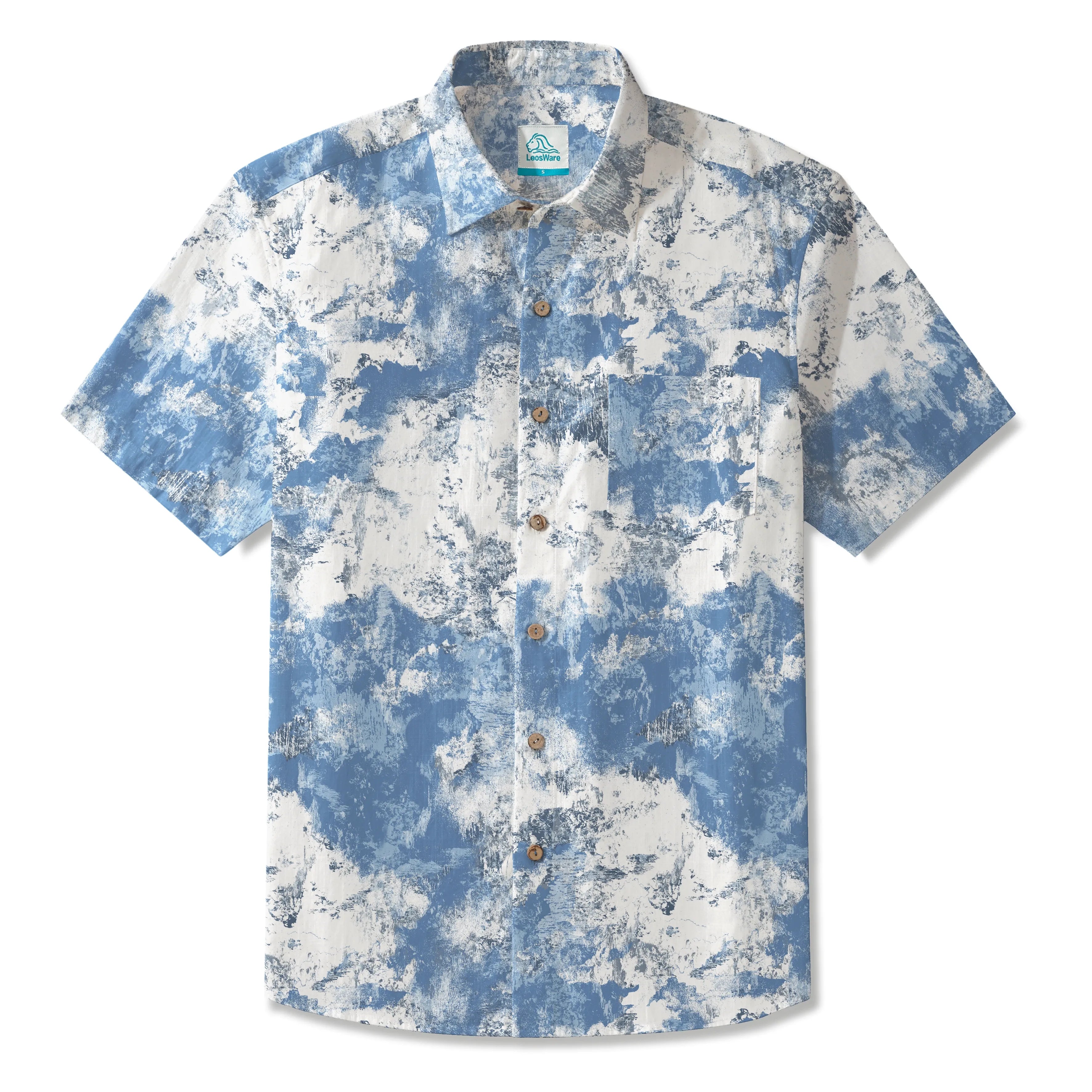 LeosWare® Men's Hawaiian Shirt Short Sleeve Button-up 100% Cotton Blue Aloha Blue And White Abstract Dream By Patch