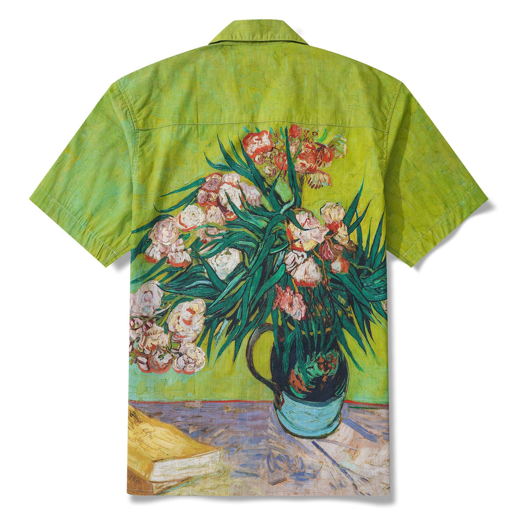 Men's Hawaiian Shirt Short Sleeve Camp Collar 100% Cotton Green Aloha Van Gogh Blossoms By Mo