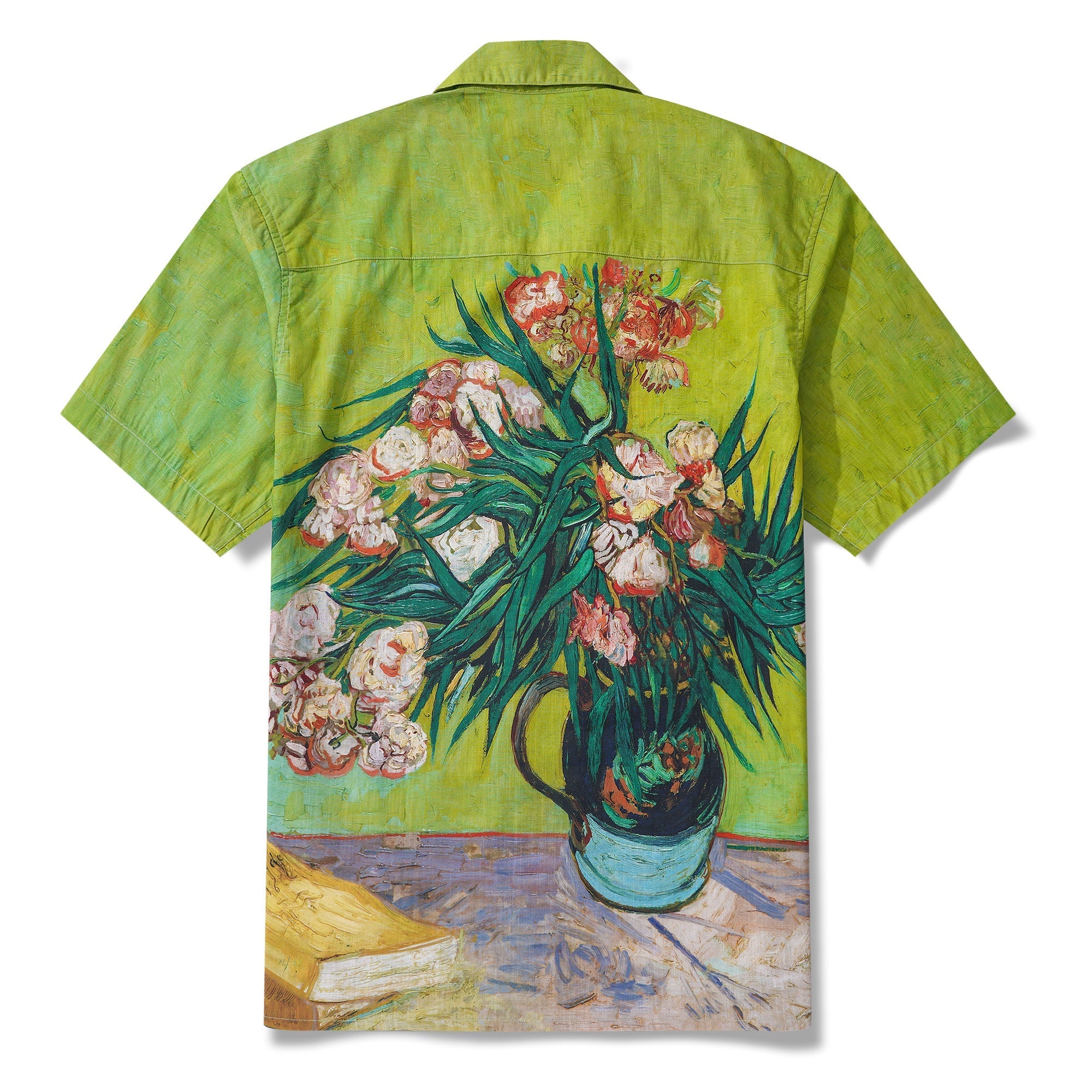 Men's Hawaiian Shirt Short Sleeve Camp Collar 100% Cotton Green Aloha Van Gogh Blossoms By Mo
