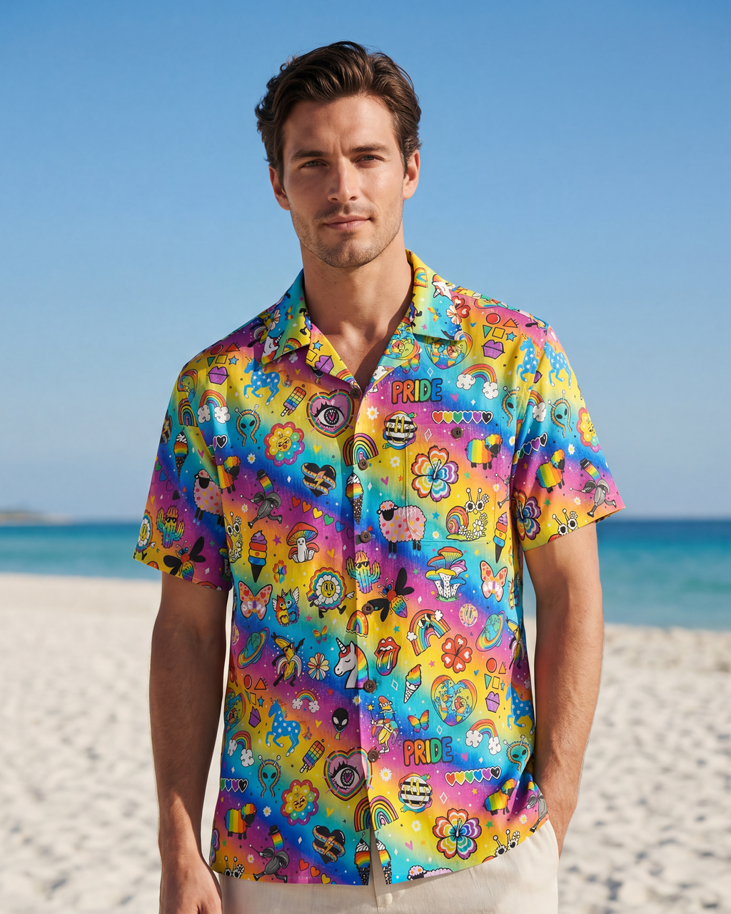 Men's Hawaiian Shirt Short Sleeve Camp Collar 100% Cotton Aloha Rainbow Pride Delight By Cigar