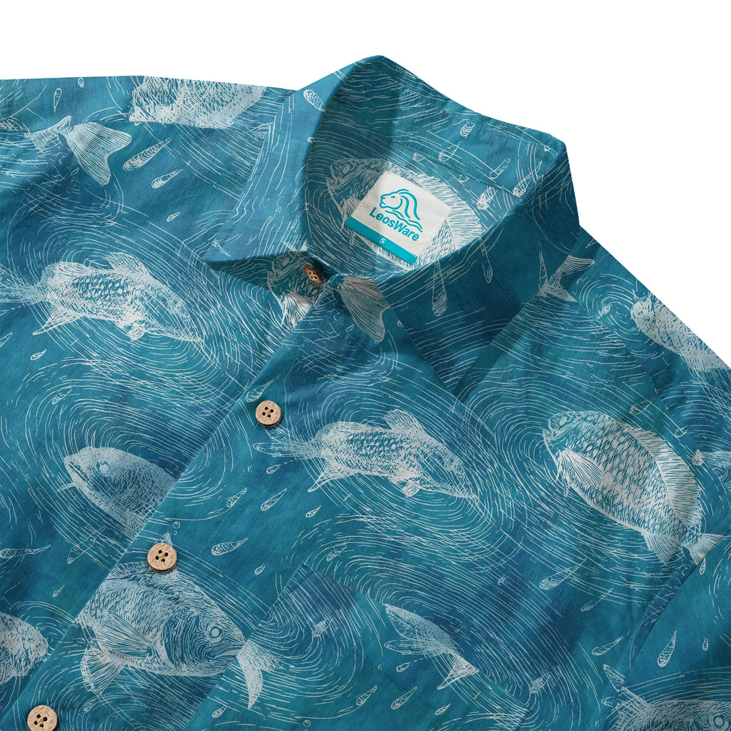 LeosWare® Men's Hawaiian Shirt Short Sleeve Button-up 100% Cotton Aloha Rain Falls On Green Pond By Ann