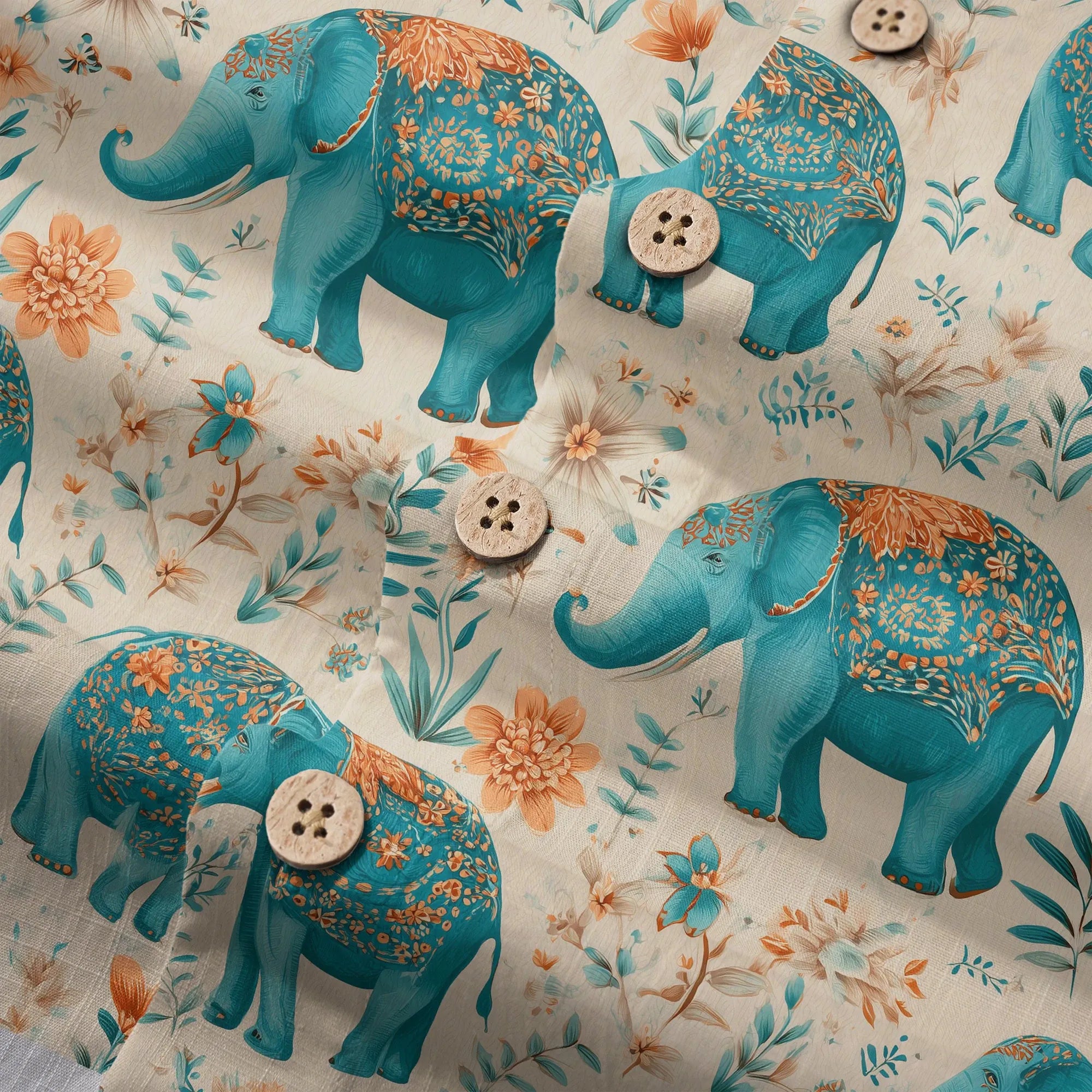 Elephant LeosWare® Men's Hawaiian Shirt Short Sleeve Button-up 100% Cotton Beige Aloha Blue Elephant Blossoms By Ann