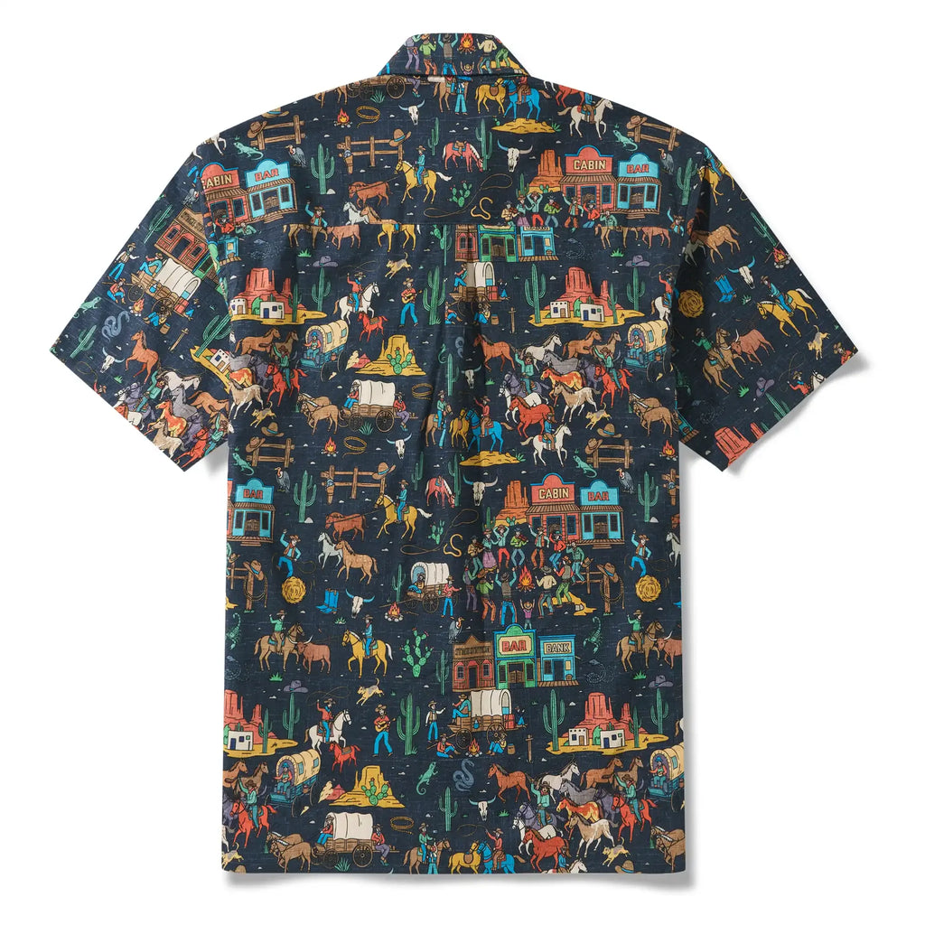 Men's Hawaiian Shirt Short Sleeve Button-down 100% Cotton Blue Aloha Vintage Denim Frontier Town By Huan huan