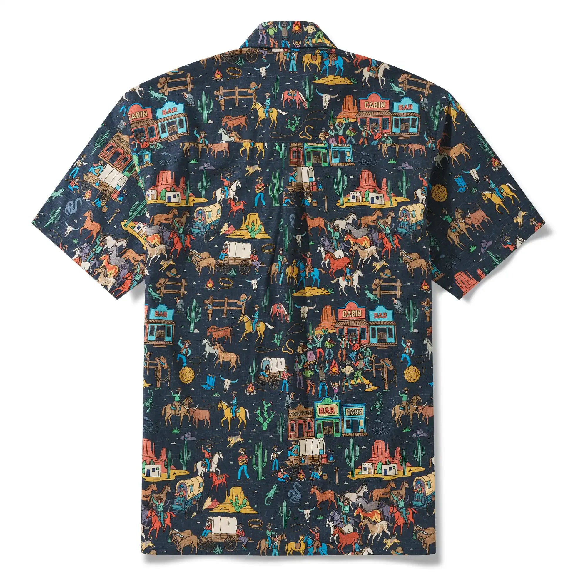 Men's Hawaiian Shirt Short Sleeve Button-down 100% Cotton Blue Aloha Vintage Denim Frontier Town By Huan huan