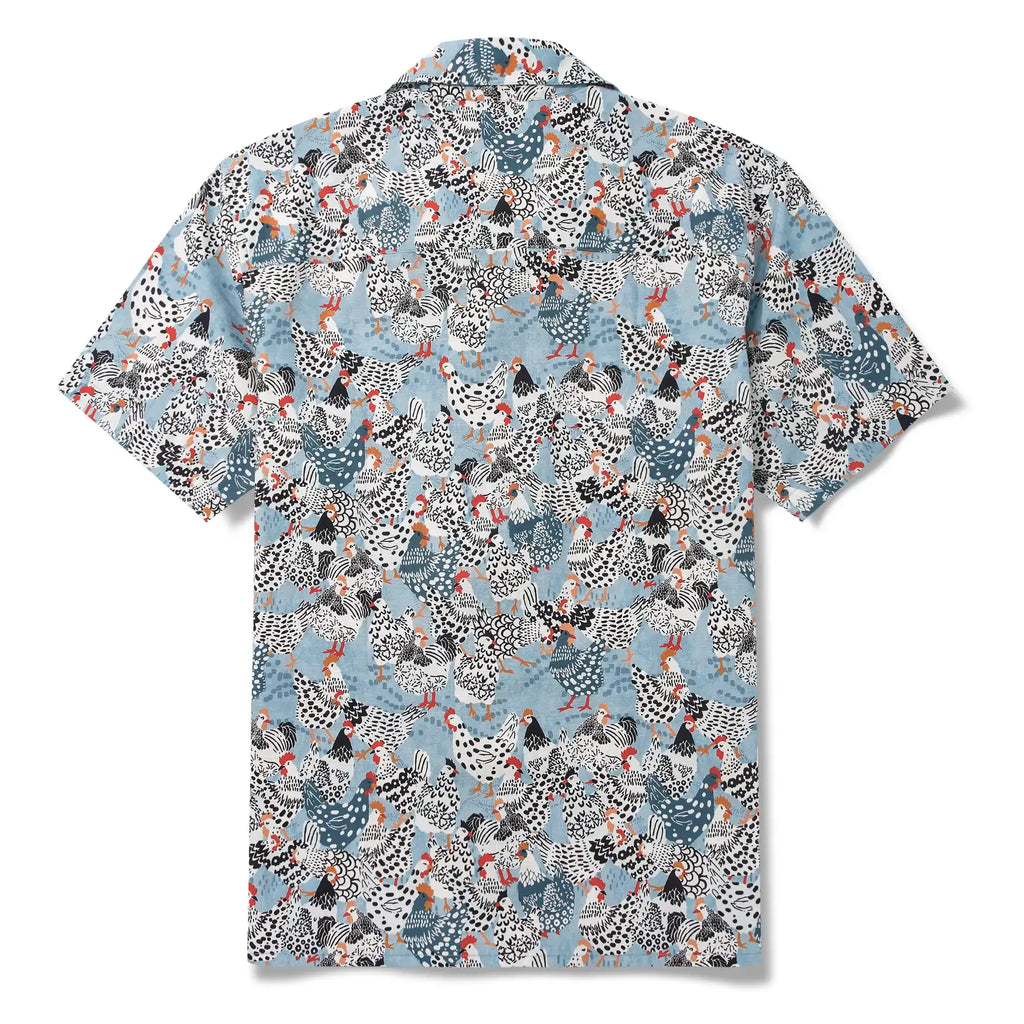 Men's Hawaiian Shirt Short Sleeve Camp Collar 100% Cotton Blue Aloha Clucking Chicken Friends By Annick