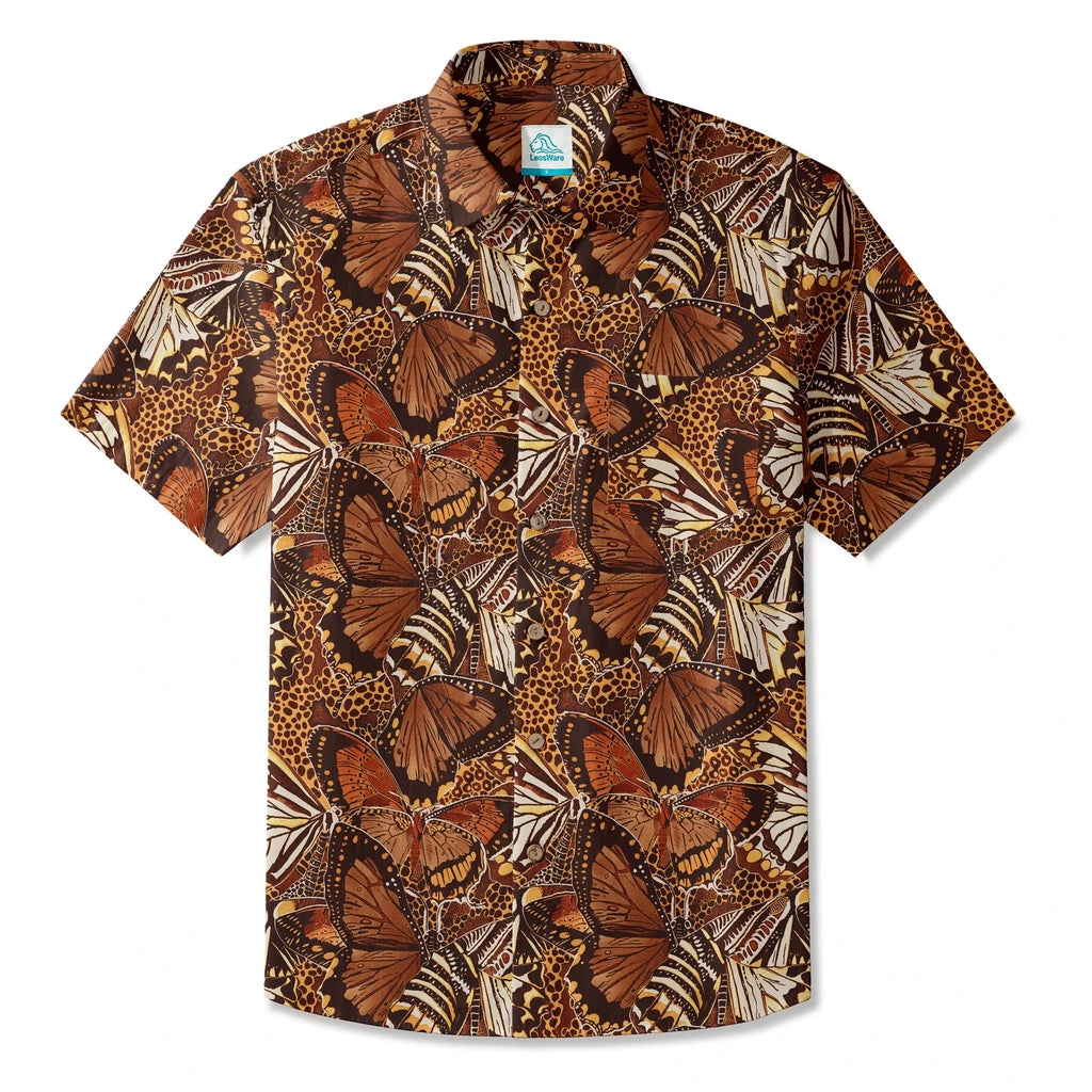 LeosWare® Men's Hawaiian Shirt Short Sleeve Button-up 100% Cotton Brown Aloha Butterfly Haven By Ann