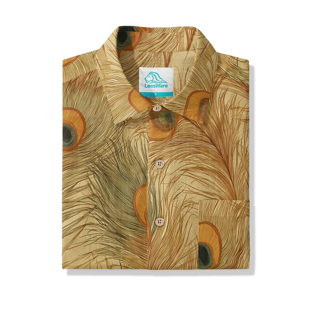 LeosWare® Chemise Hawaïenne pour Homme à Manches Courtes Boutonnée 100 % Coton Jaune Aloha Ocre Or Plume de Pinson par Ann