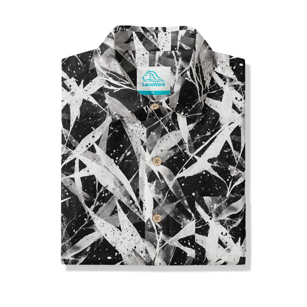 LeosWare® Men's Hawaiian Shirt Short Sleeve Button-up 100% Cotton Black Aloha Snow Falling Among The Bamboo By Ann