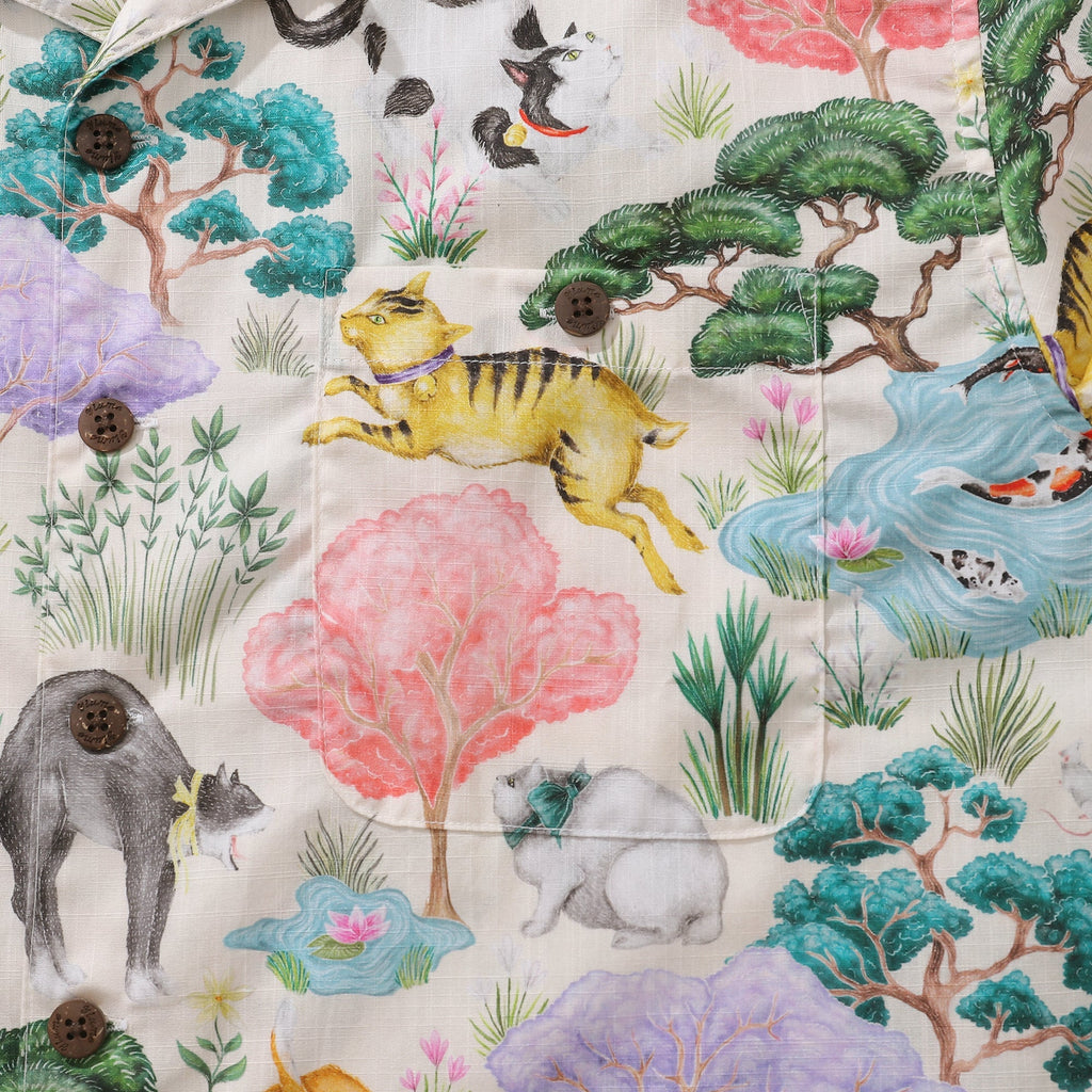 Japanese Hawaiian Shirt For Men Ukiyo-e Cats Print Shirt Camp Collar 100% Cotton Shirt Japanese Cat Garden By Catherine Rowe