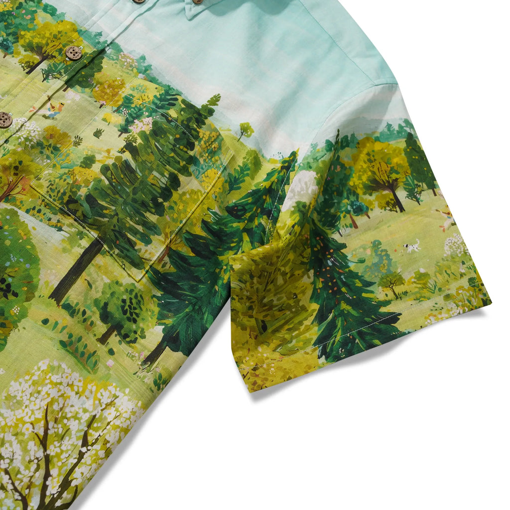 Men's Hawaiian Shirt Short Sleeve Button-down 100% Cotton Green Aloha Daisy Meadow Picnic By Cigar
