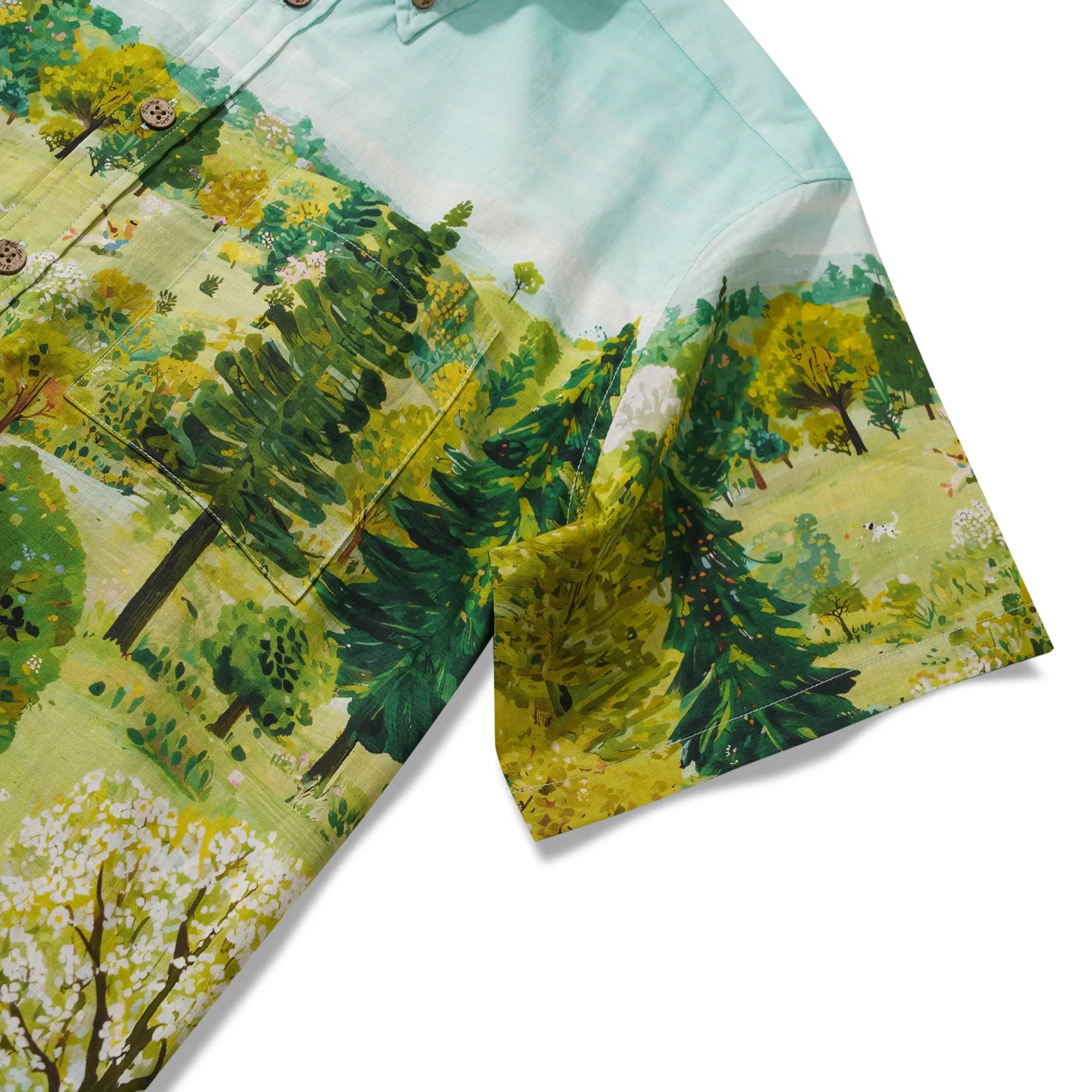 Men's Hawaiian Shirt Short Sleeve Button-down 100% Cotton Green Aloha Daisy Meadow Picnic By Cigar