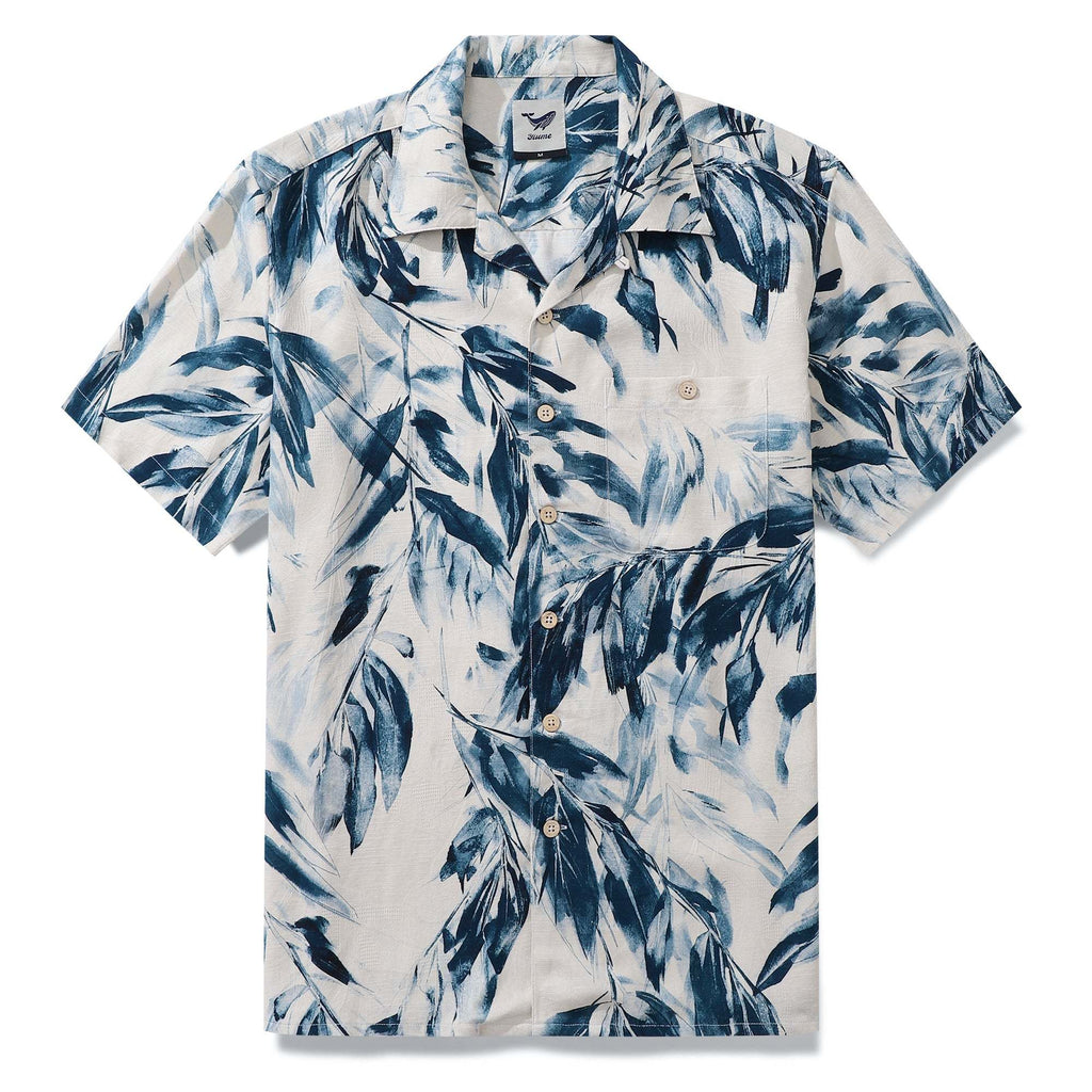 Men's 100%Silk Hawaiian Shirt Painting Bamboo Leaves Print Camp collar Short Sleeve Aloha Shirt By Amy