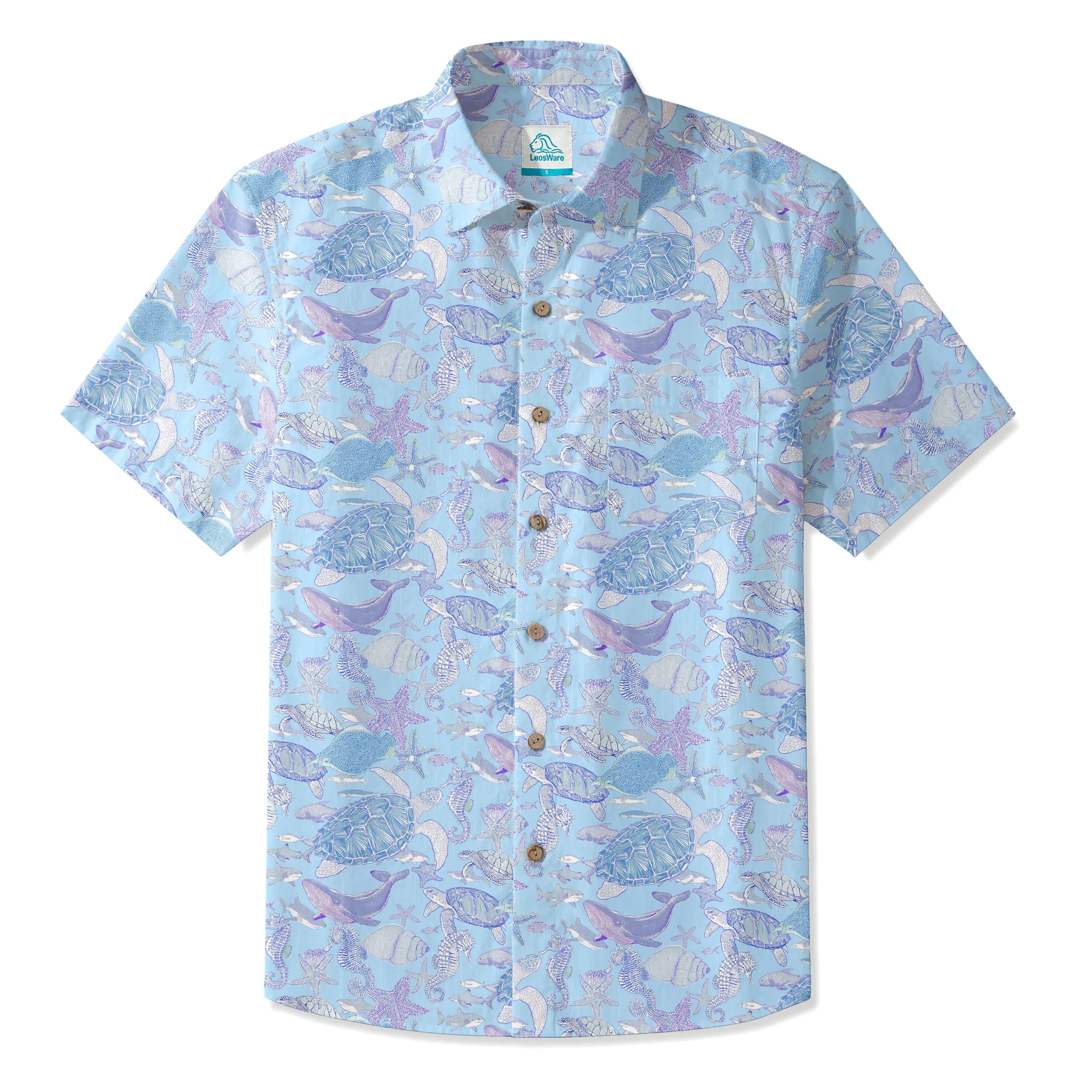 LeosWare® Men's Hawaiian Shirt Short Sleeve Button-up 100% Cotton Blue Aloha Sea Turtle Serenade By Ann