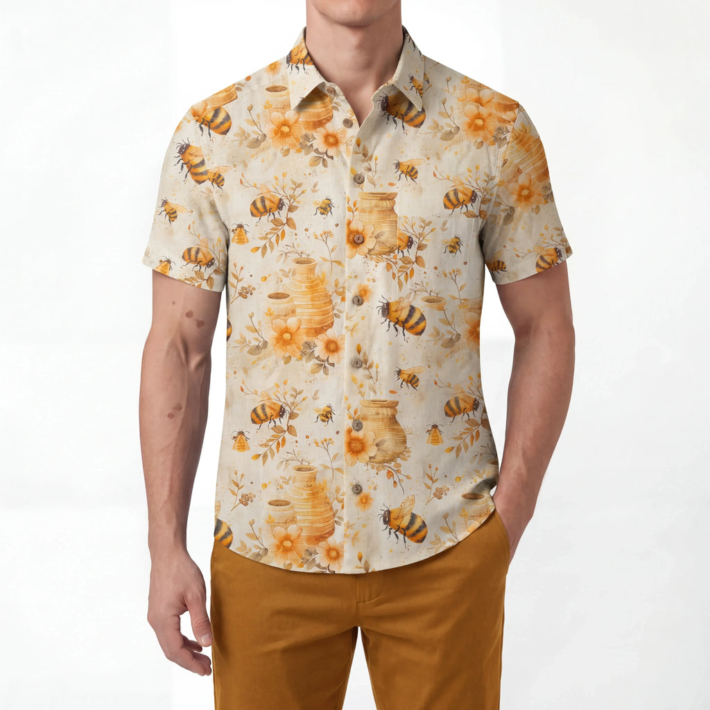 LeosWare® Men's Hawaiian Shirt Short Sleeve Button-up 100% Cotton Yellow Aloha Autumn Harvest In The Honey Garden Bee By Ann