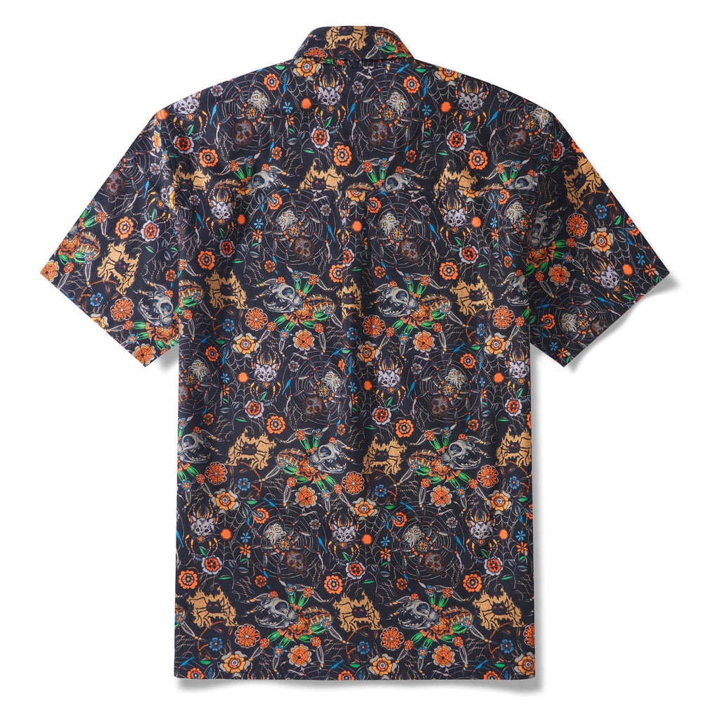 Halloween Gift Men's Hawaiian Shirt Short Sleeve Button-down 100% Cotton Black Aloha Spider Cat By Sophia