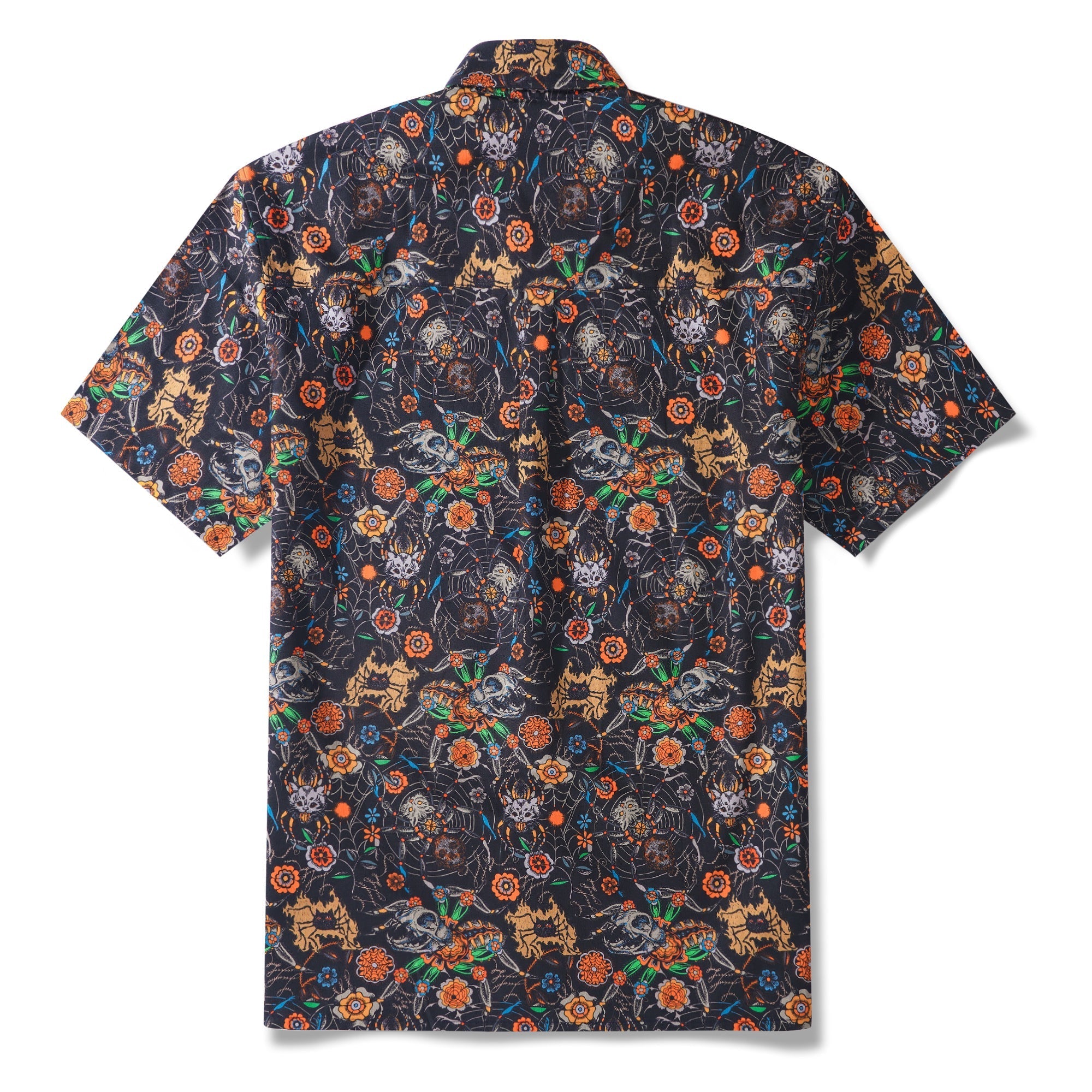 Halloween Gift Men's Hawaiian Shirt Short Sleeve Button-down 100% Cotton Black Aloha Spider Cat By Sophia