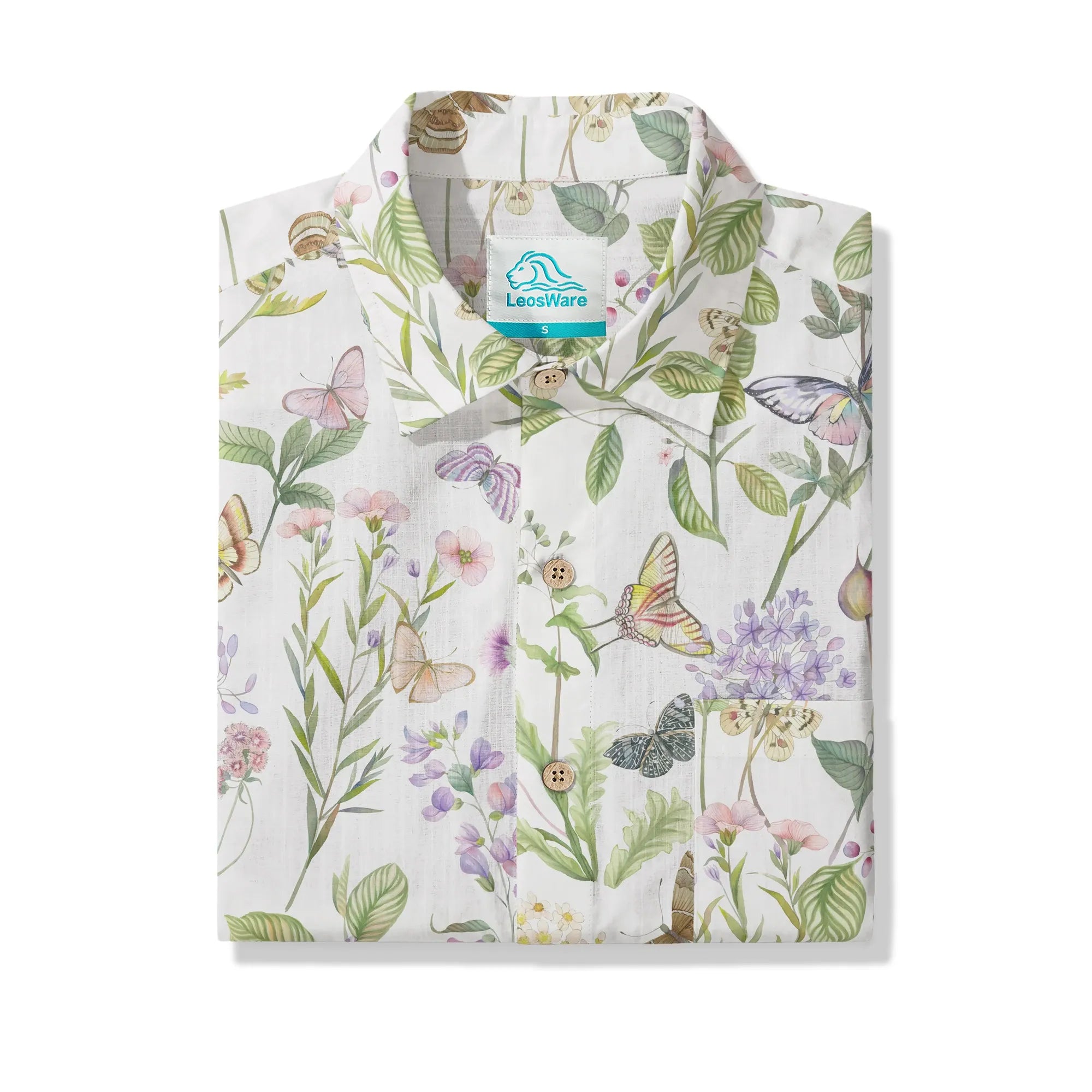 LeosWare® Men's Hawaiian Shirt Short Sleeve Button-up 100% Cotton Green Aloha Butterfly And Floral Fantasy By Huan huan