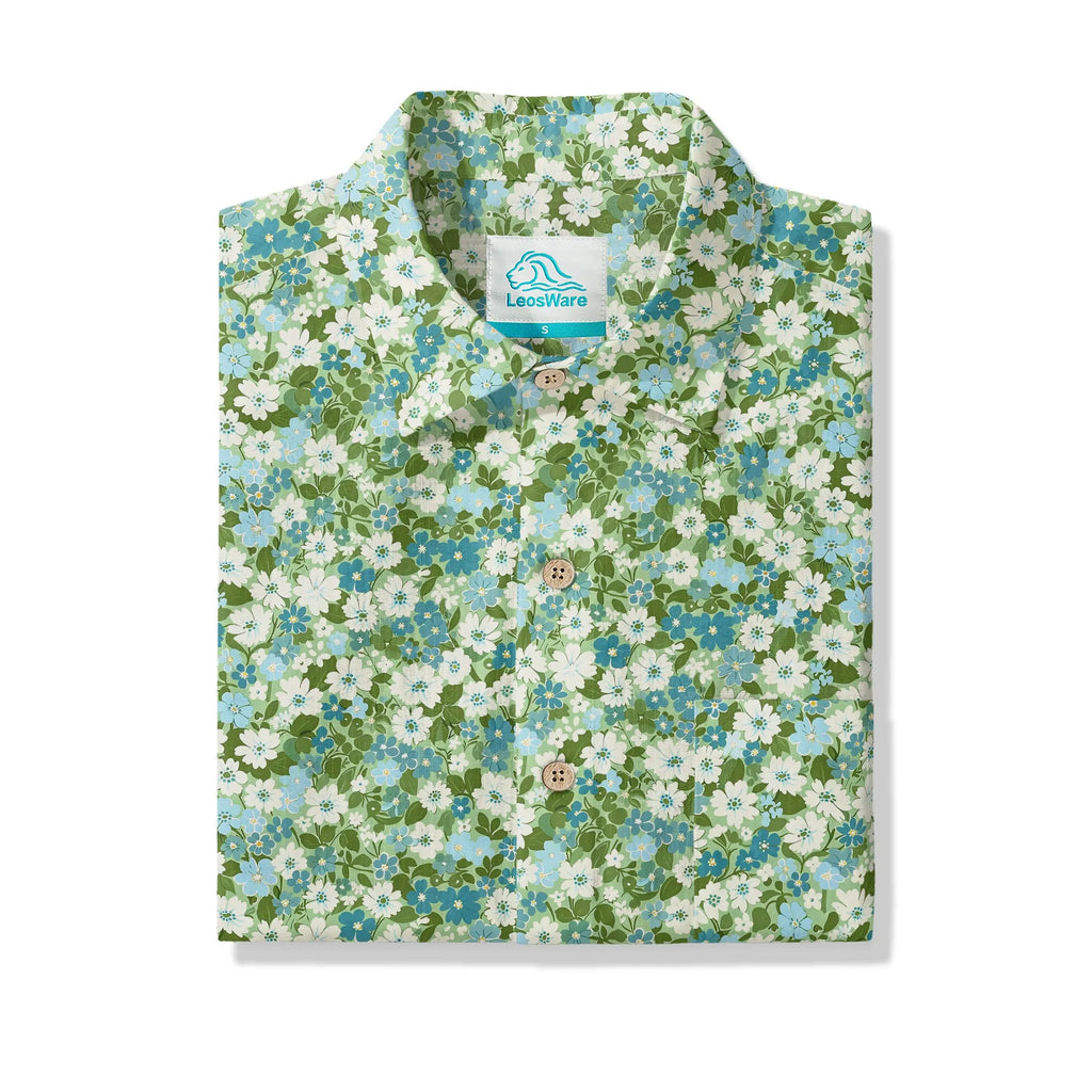 LeosWare® Flower Men's Hawaiian Shirt Short Sleeve Button-up 100% Cotton Green Aloha Fresh Blooms By Ann