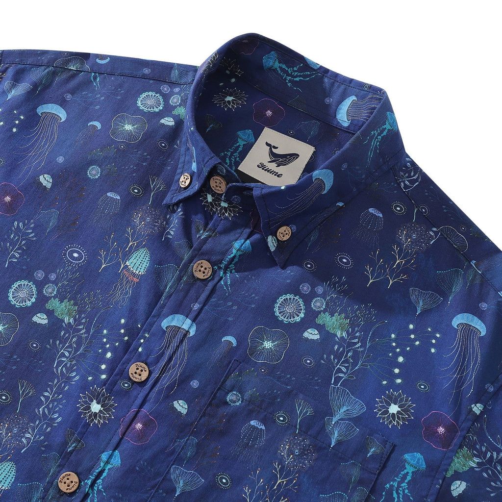 Men's Deep Blue Hawaiian Shirt 100% Cotton Button-down Short Sleeve Jellyfish Aloha Shirt By Catharina Edlund