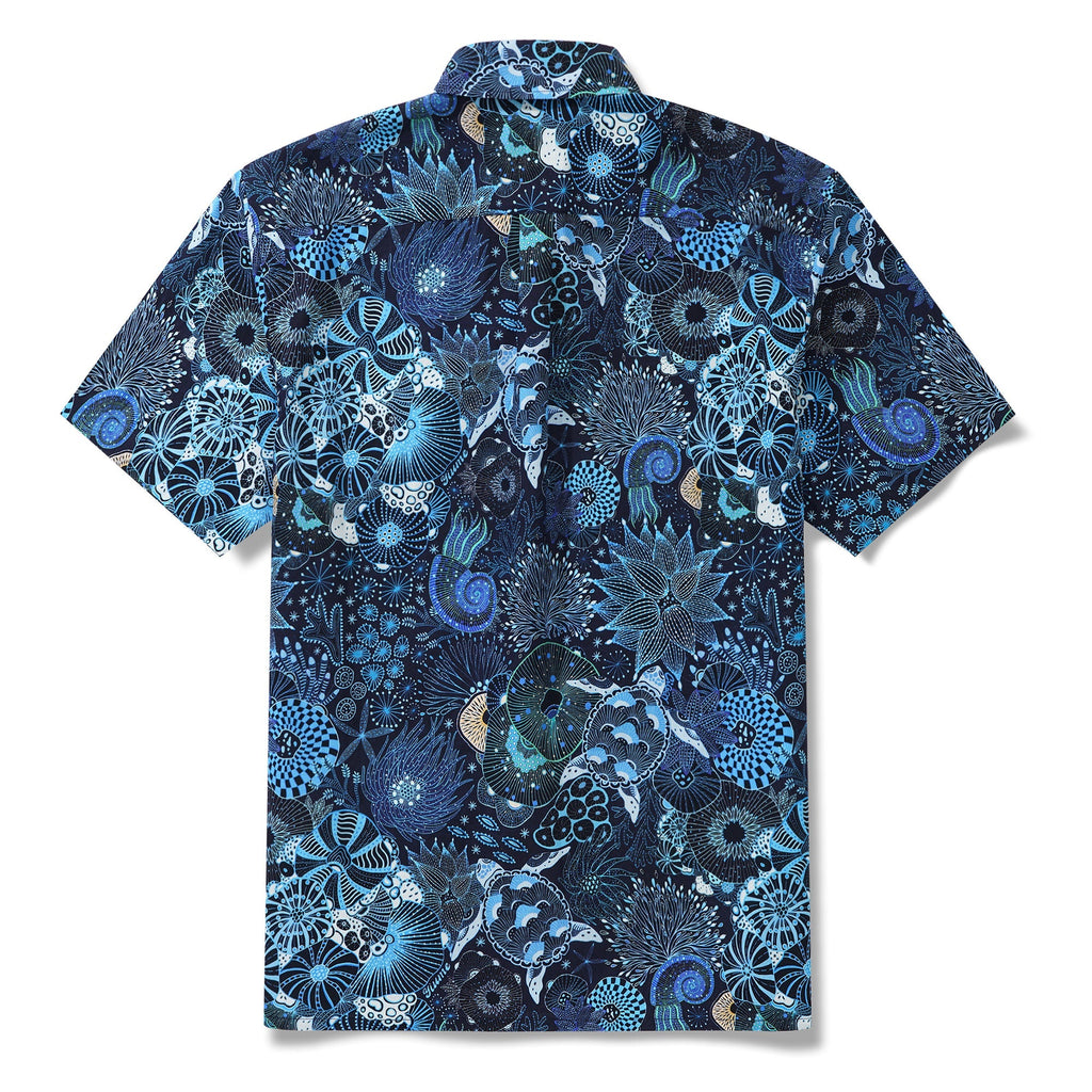Sea Turtle Men's Hawaiian Shirt Short Sleeve Button-down 100% Cotton Blue Aloha Reef Rules By Mo
