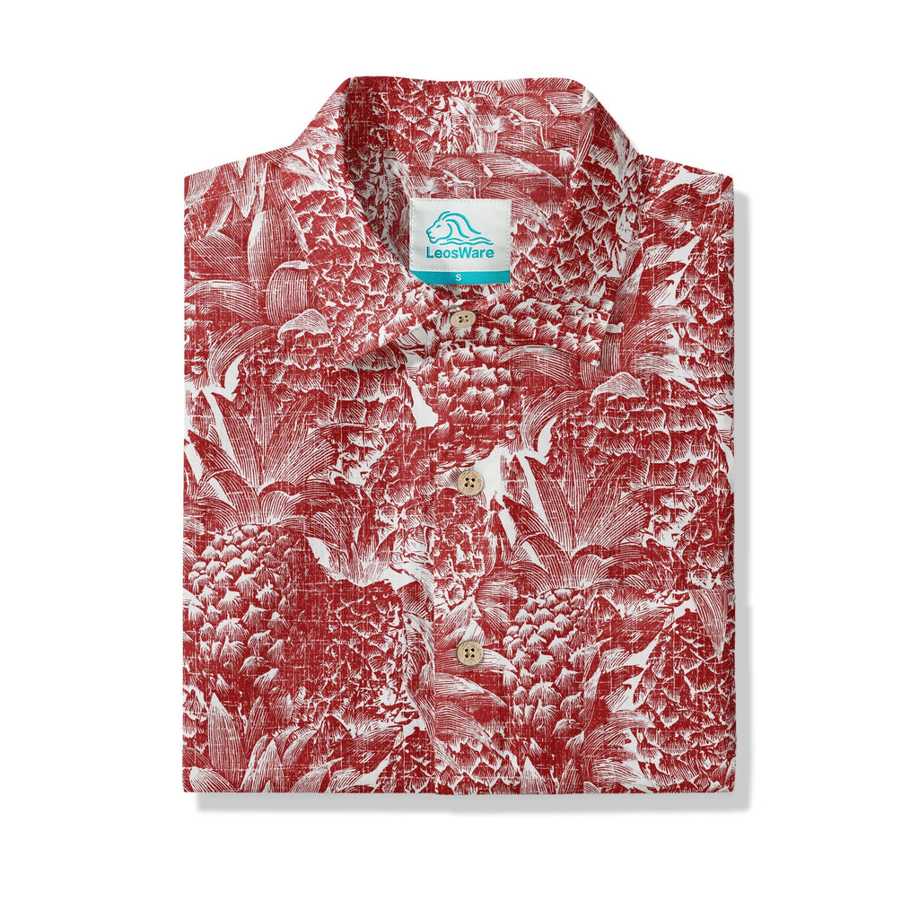 Chemise Hawaïenne à Manches Courtes LeosWare® pour Homme 100% Coton Rouge Aloha Ananas Rouge Linogravure Par Ann