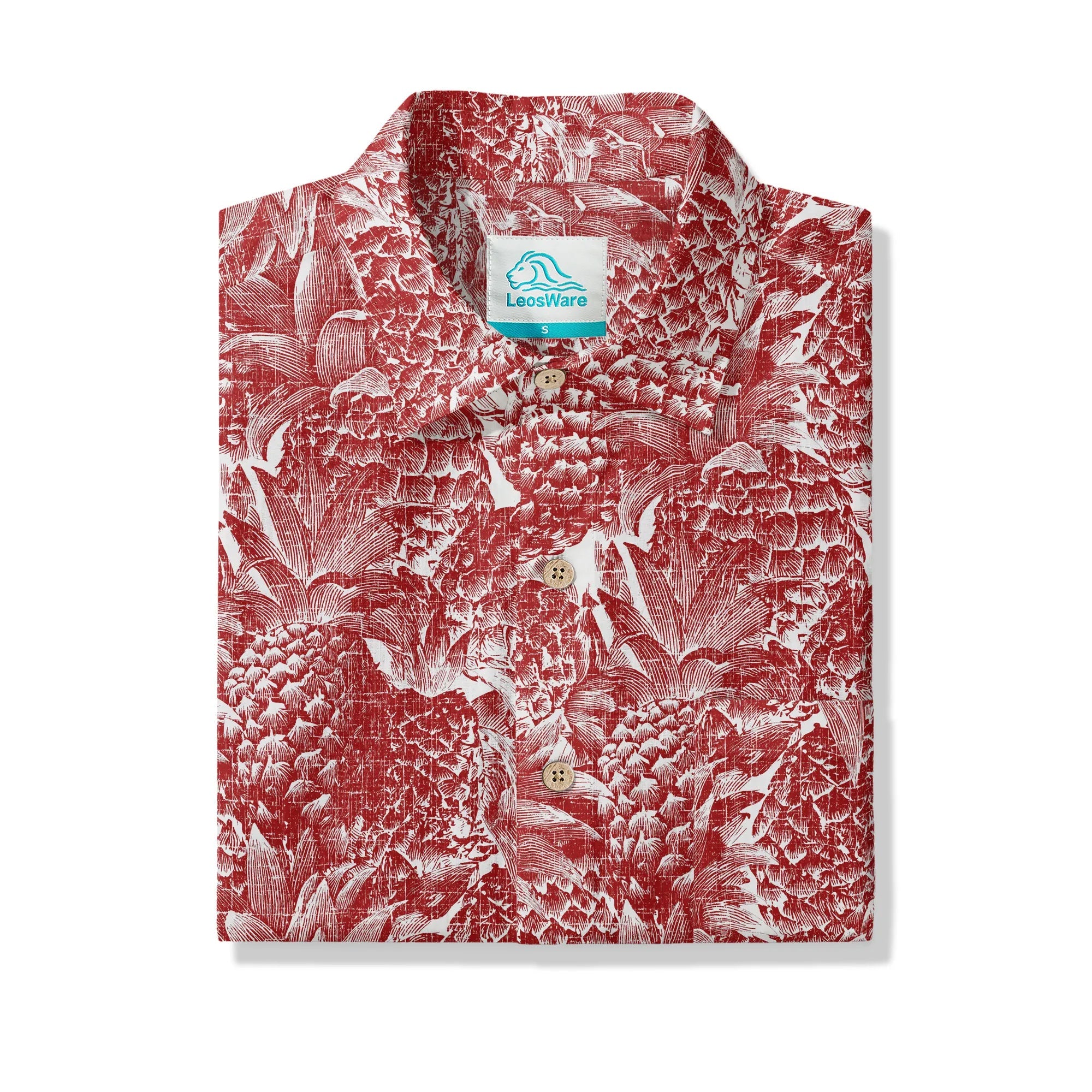 Chemise Hawaïenne à Manches Courtes LeosWare® pour Homme 100% Coton Rouge Aloha Ananas Rouge Linogravure Par Ann
