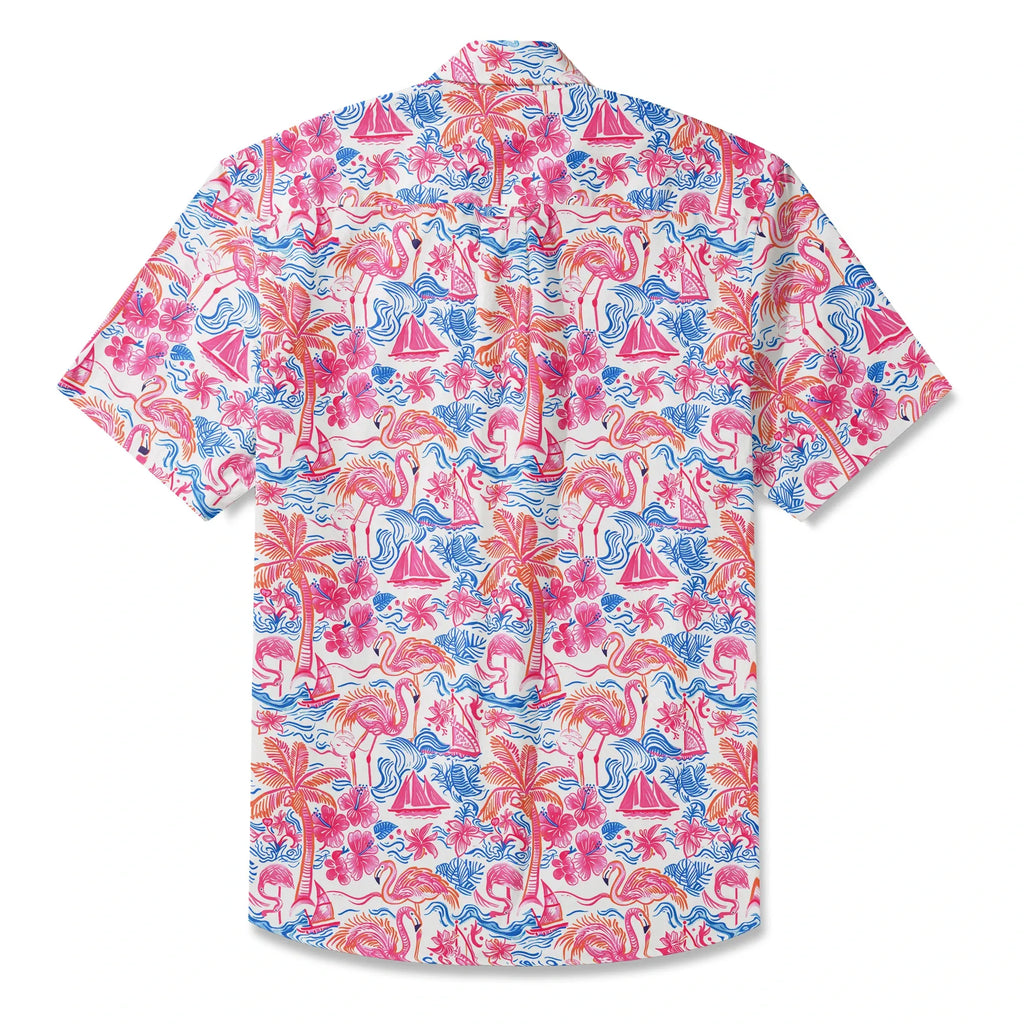LeosWare® Men's Hawaiian Shirt Short Sleeve Button-up 100% Cotton Aloha Tropical Fire Bay By Ann