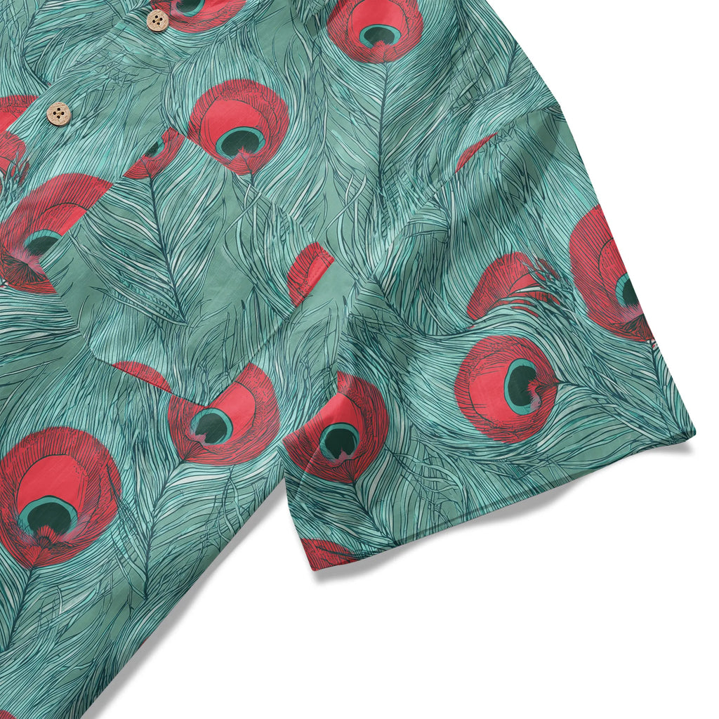 LeosWare® Men's Hawaiian Shirt Short Sleeve Button-up 100% Cotton Green Aloha Crimson Iris Blue Feathers By Ann