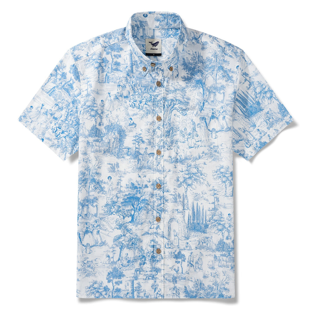 Men’s Wedding Guest Shirt – Blue Floral 100% Cotton Button-Down Hawaiian Shirt By Huan huan