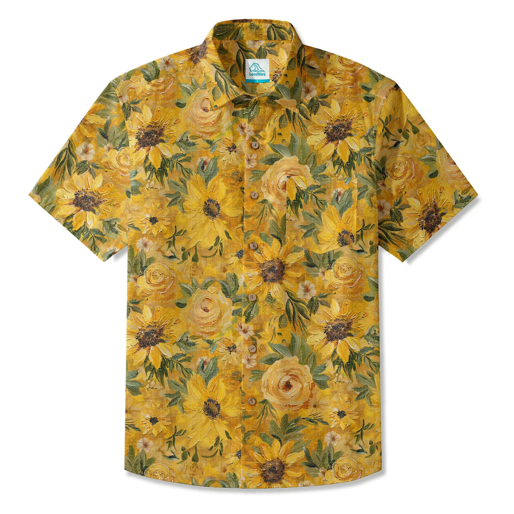 LeosWare® Men's Hawaiian Shirt Short Sleeve Button-up 100% Cotton Yellow Aloha Golden Sunflower Warmth By Ann