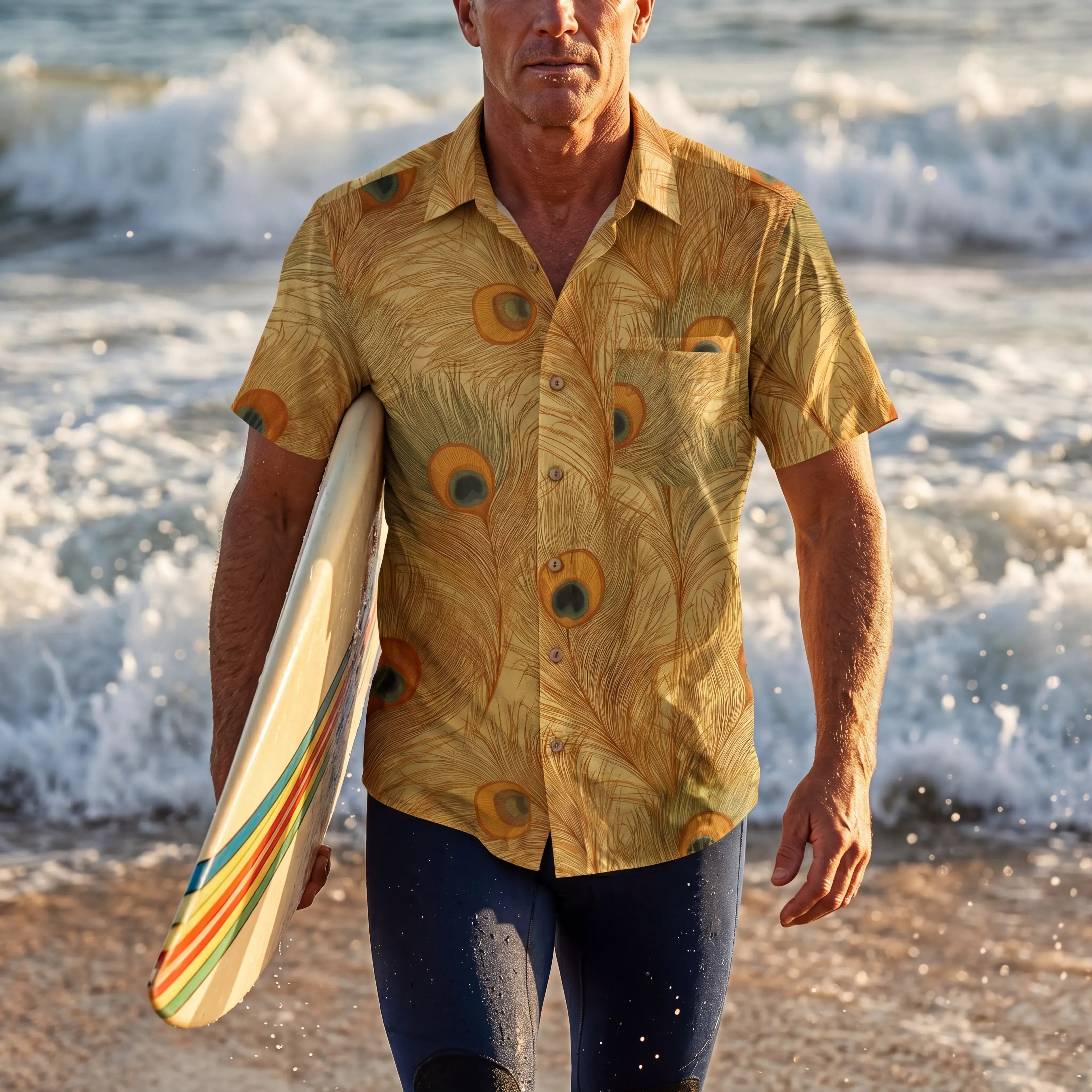 LeosWare® Chemise Hawaïenne pour Homme à Manches Courtes Boutonnée 100 % Coton Jaune Aloha Ocre Or Plume de Pinson par Ann