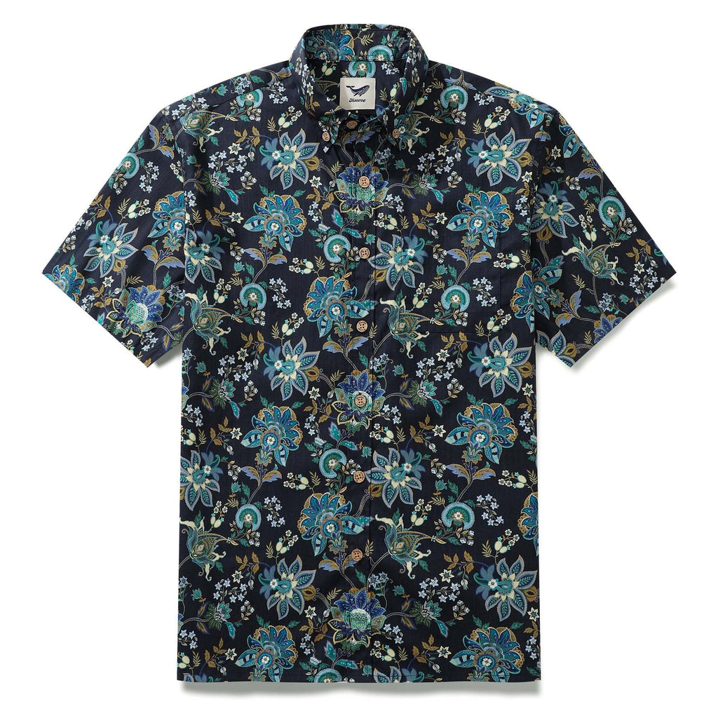Black Hawaiian Shirt For Men Fantasy Flowers Print Short Sleeve Cotton Button Down Black Fantasy Flowers By Sylvia