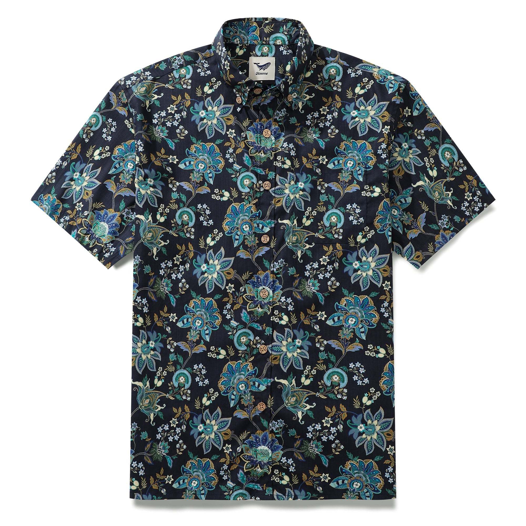 Black Hawaiian Shirt For Men Fantasy Flowers Print Short Sleeve Cotton Button Down Black Fantasy Flowers By Sylvia