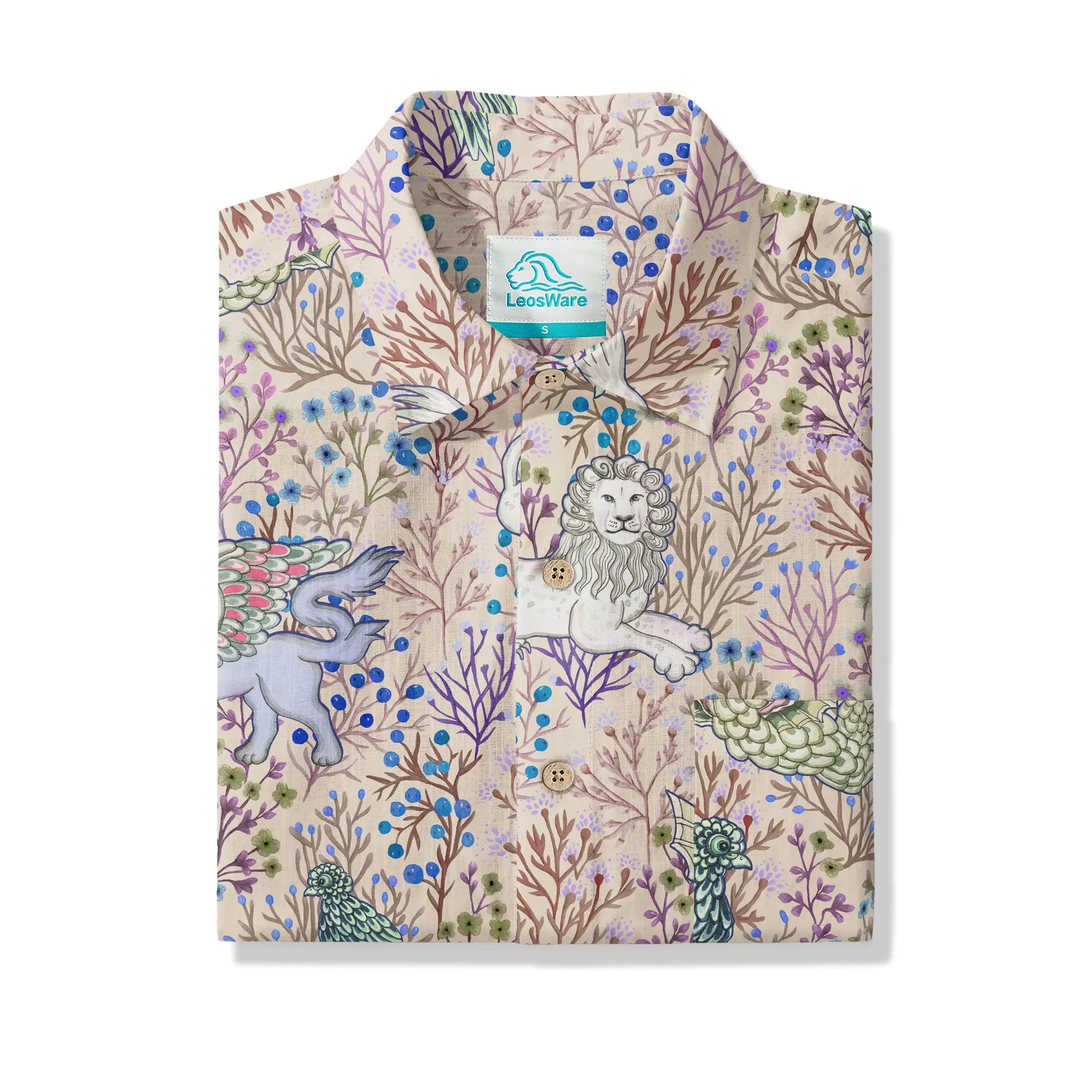 LeosWare® Men's Hawaiian Shirt Short Sleeve Button-up 100% Cotton Brown Aloha Mythical Creatures And Floral Fantasia By Huan huan