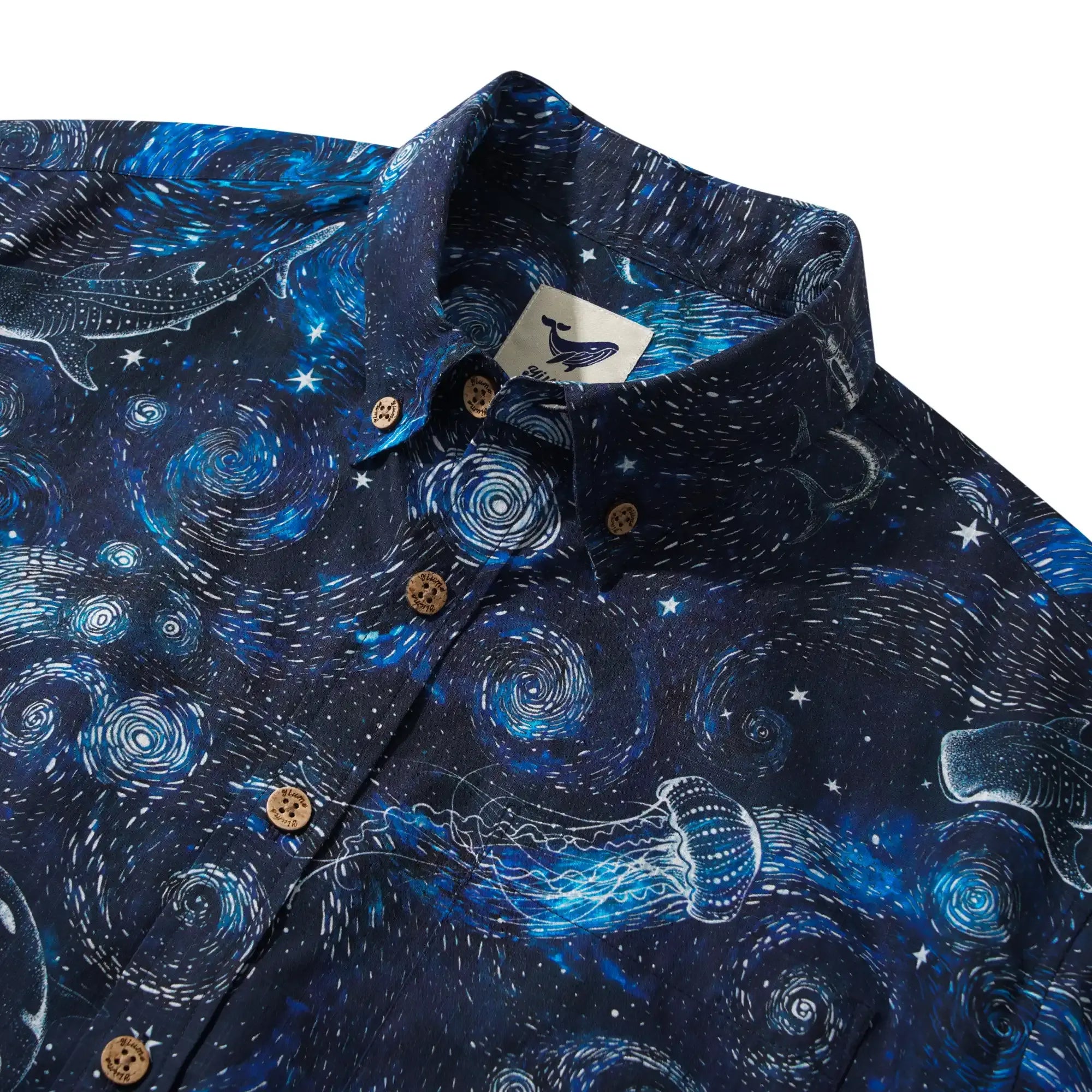 Men's Hawaiian Shirt Short Sleeve Button-down 100% Cotton Blue Aloha Dreams Of The Starry Sea Jellyfish Whale By Mo