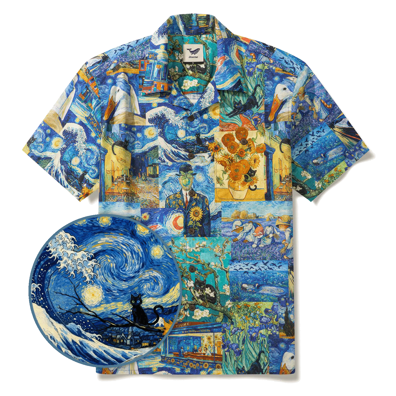 Men's Hawaiian Shirt Short Sleeve Camp Collar 100% Cotton Blue Aloha Starry Night Cat Fantasy By Mo