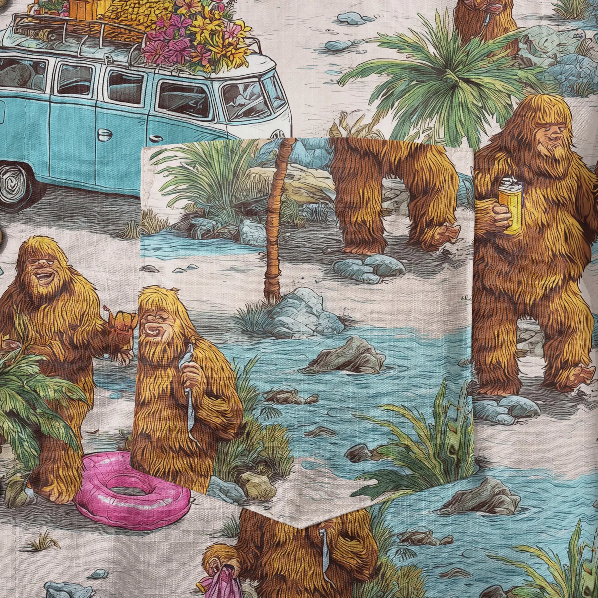 LeosWare® Men's Hawaiian Shirt Short Sleeve Button-up 100% Cotton Aloha Seaside Market Of The Bigfoot By Ann